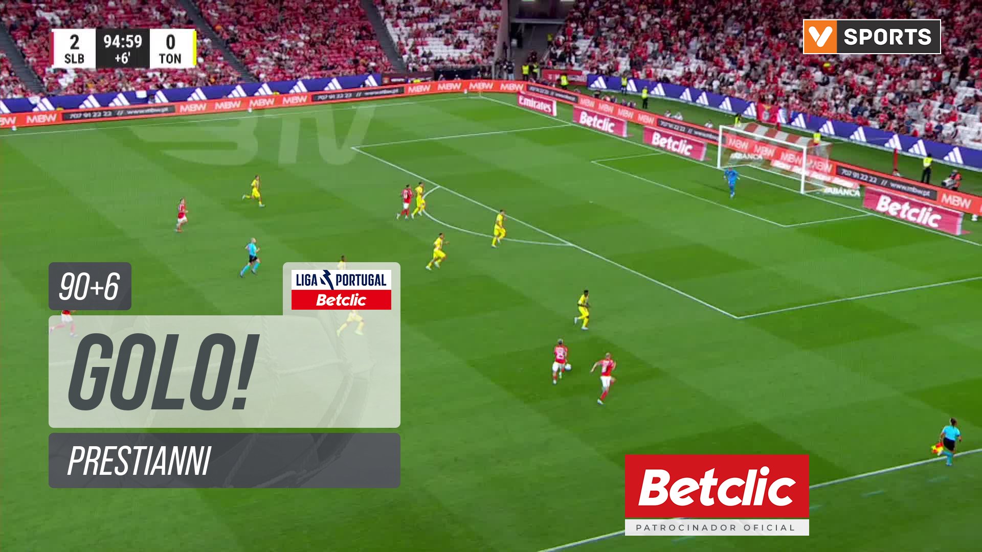 GOLO! Benfica, Prestianni aos 90'+6', Benfica 3-0 Tondela