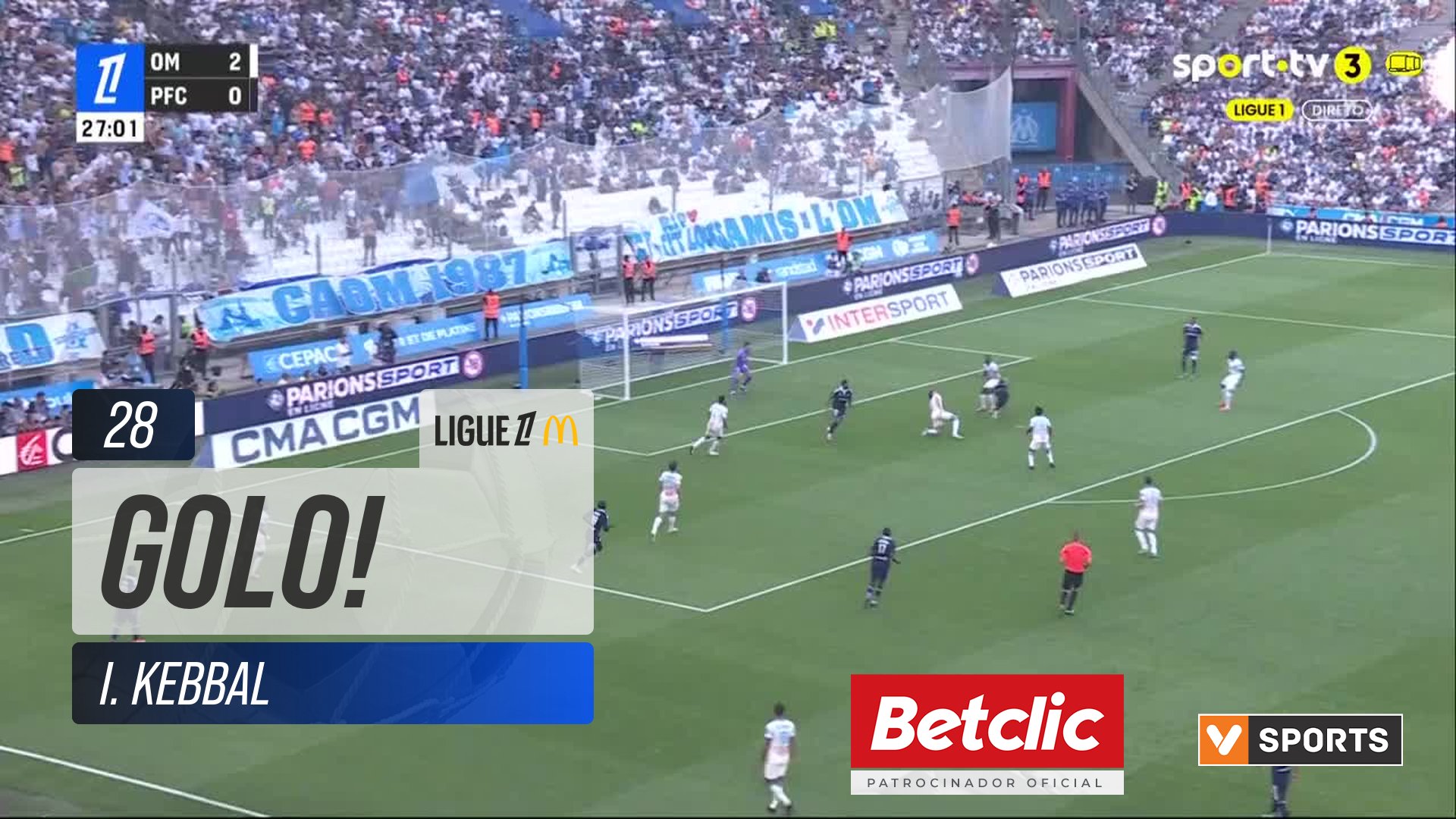 GOLO! Paris FC, I. Kebbal aos 28', Marselha 2-1 Paris FC