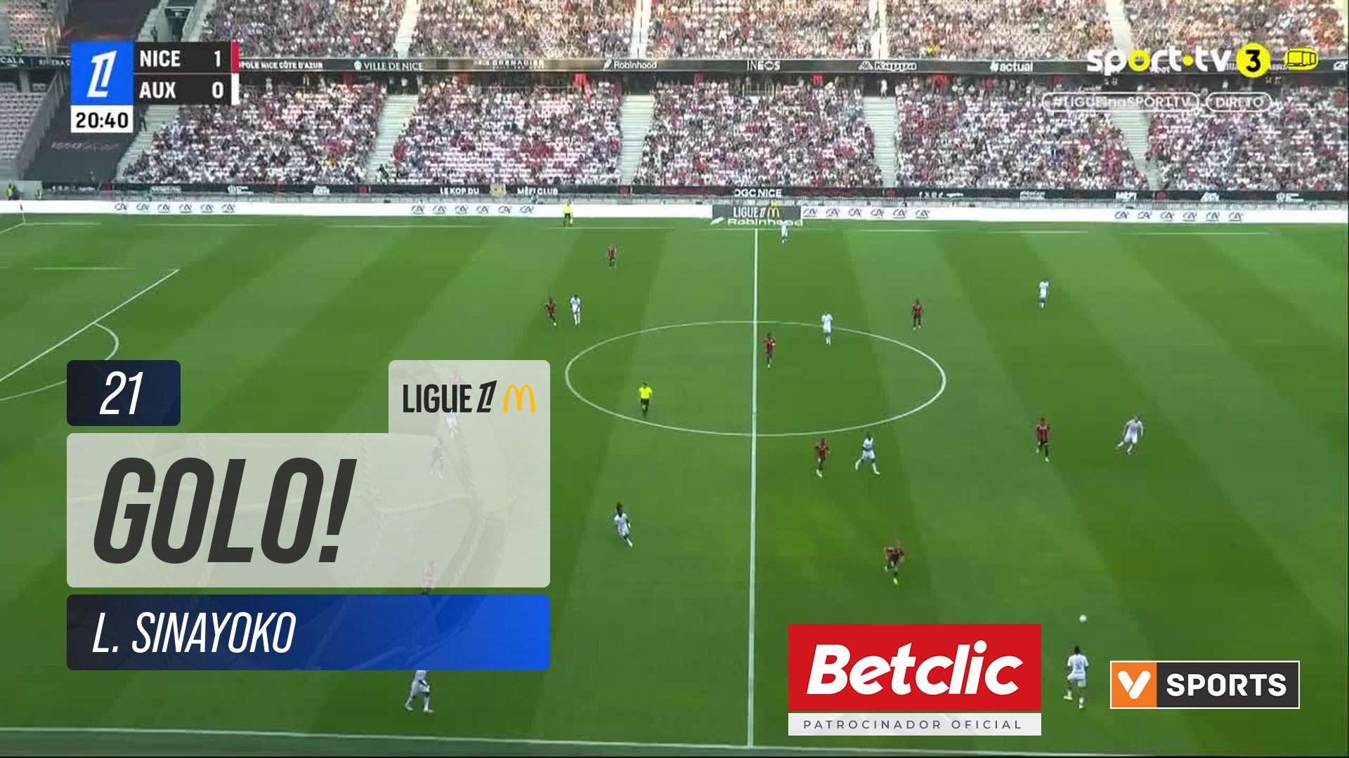 GOLO! Auxerre, L. Sinayoko aos 21', Nice 1-1 Auxerre
