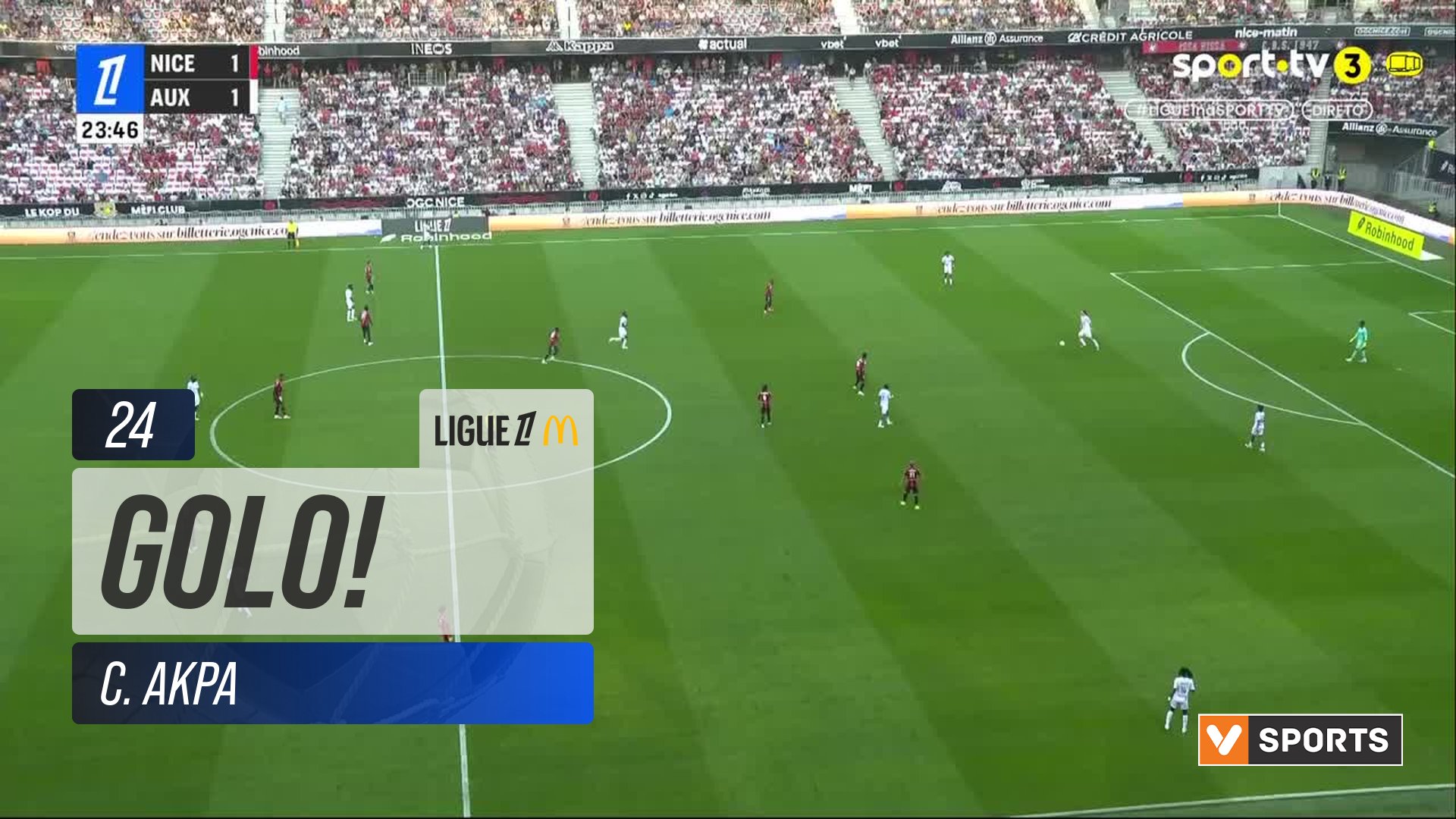 GOLO! Nice, C. Akpa (p.b.) aos 24', Nice 2-1 Auxerre