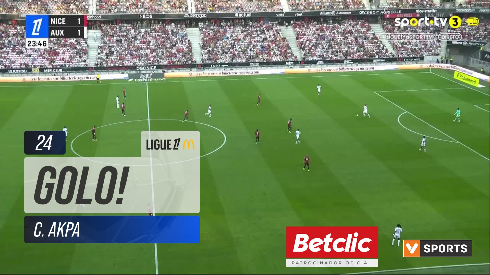 GOLO! Nice, C. Akpa (p.b.) aos 24', Nice 2-1 Auxerre