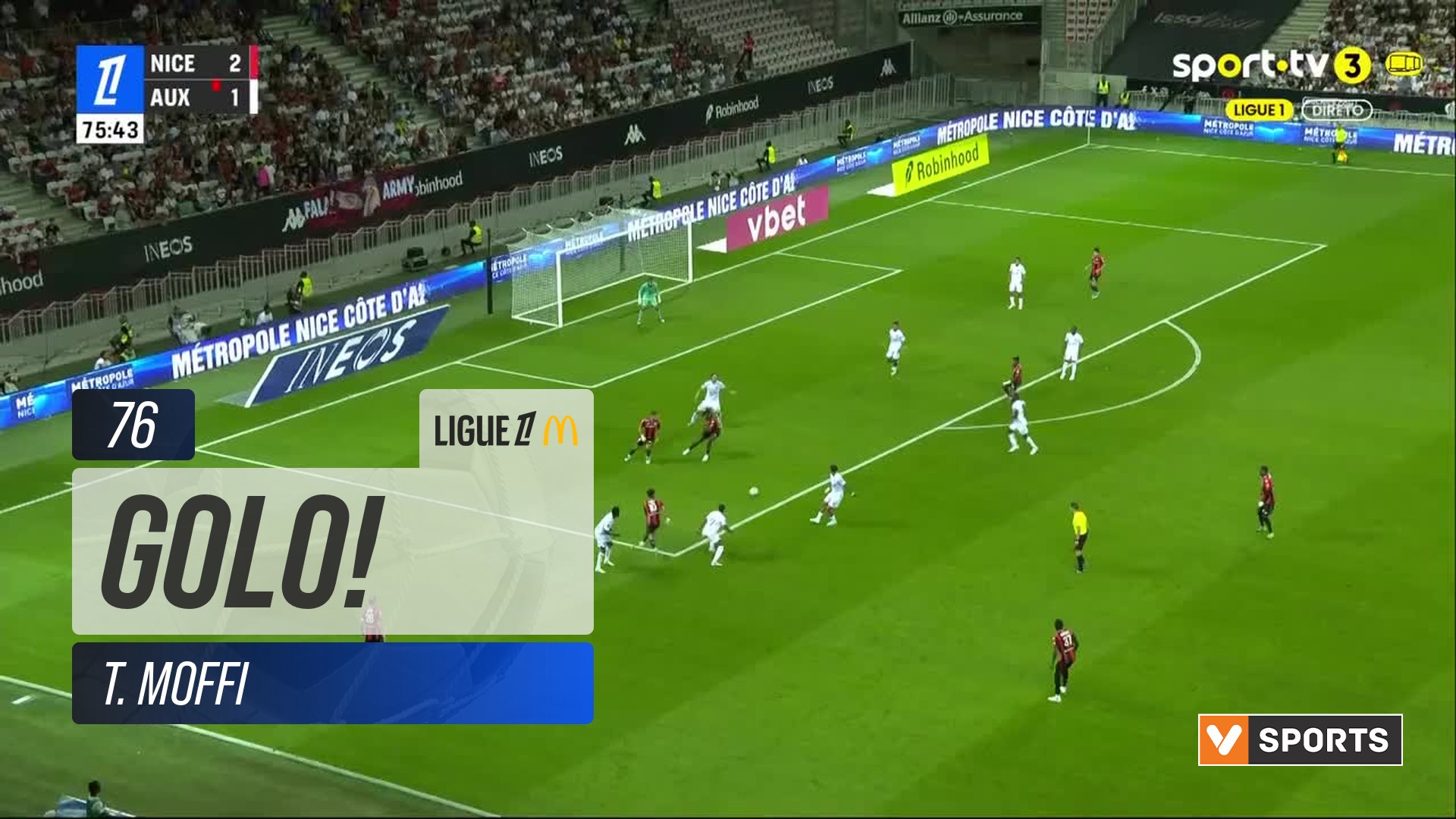 GOLO! Nice, T. Moffi aos 76', Nice 3-1 Auxerre