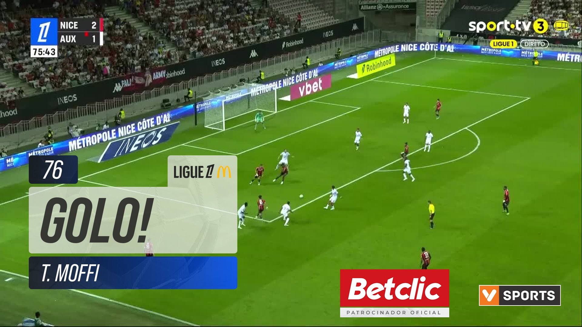 GOLO! Nice, T. Moffi aos 76', Nice 3-1 Auxerre