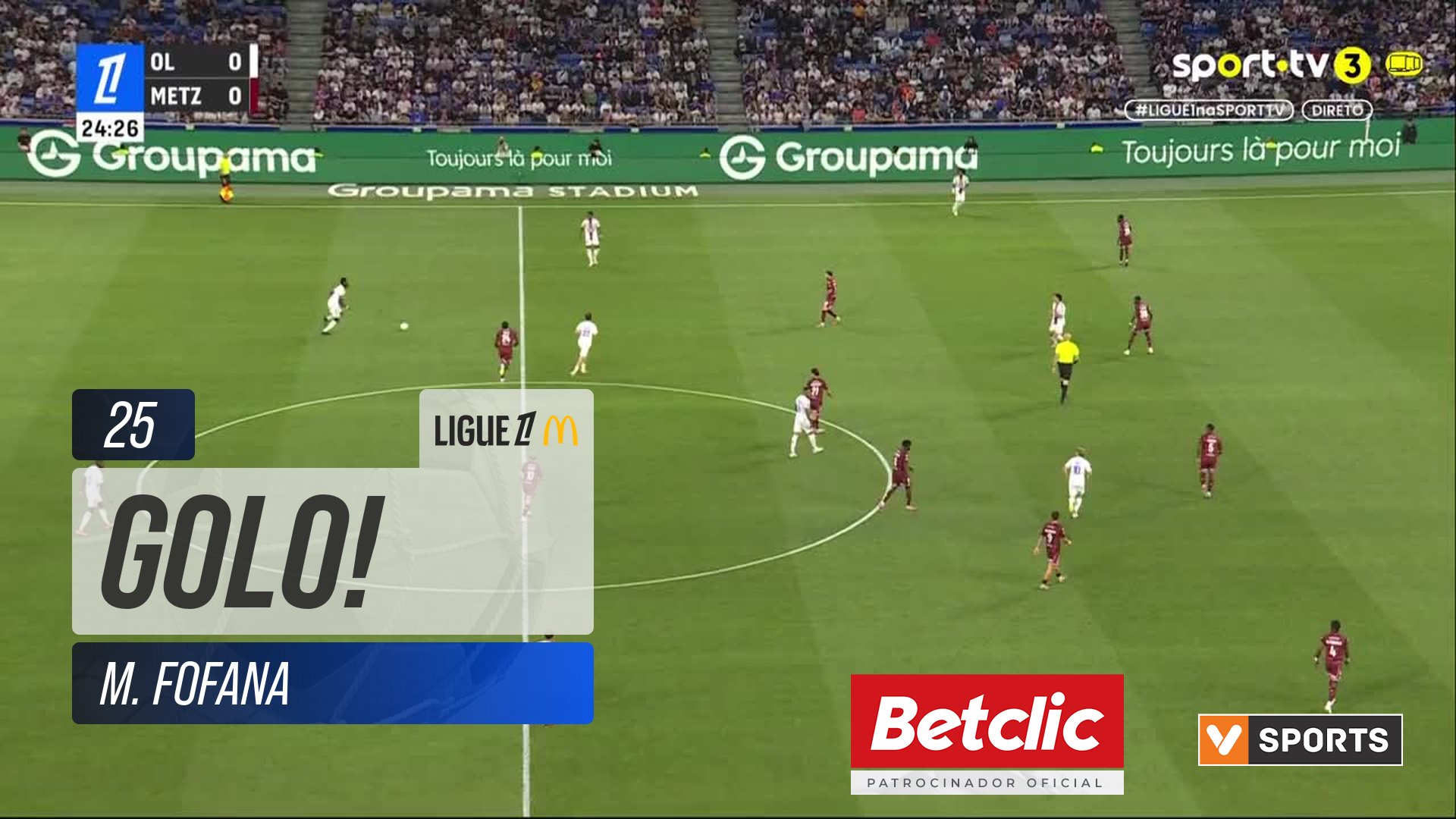 GOLO! Lyon, M. Fofana aos 25', Lyon 1-0 Metz