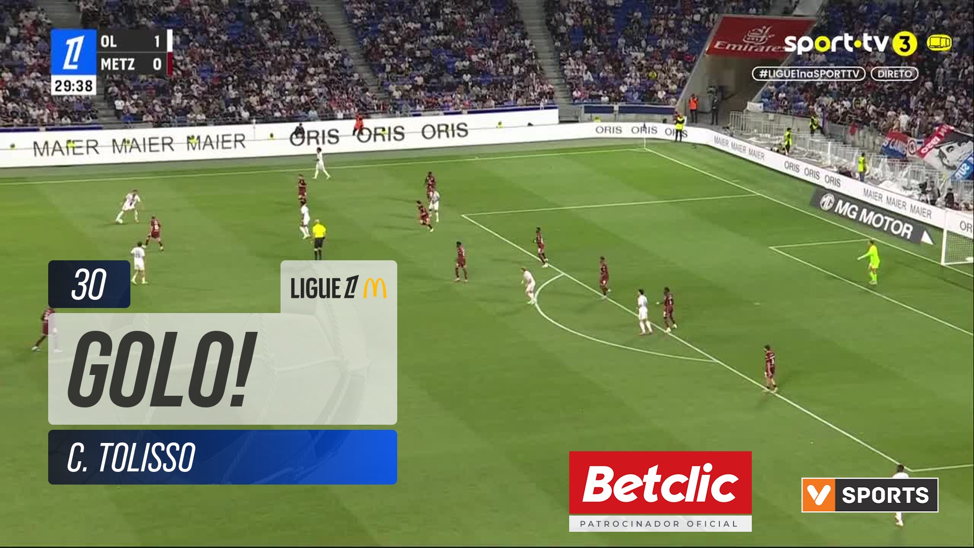 GOLO! Lyon, C. Tolisso aos 30', Lyon 2-0 Metz