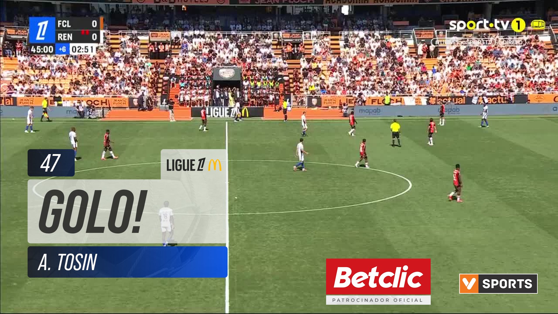 GOLO! Lorient, A. Tosin aos 47', Lorient 2-0 Rennes