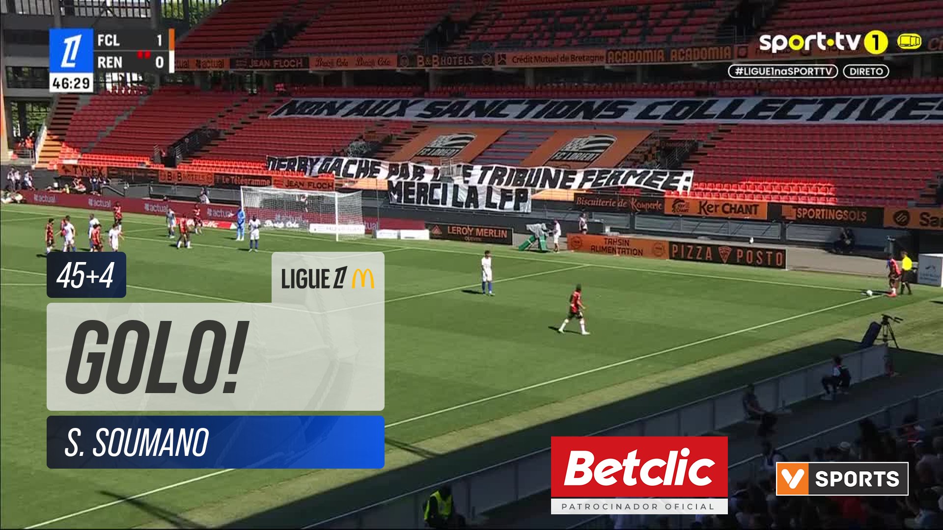 GOLO! Lorient, S. Soumano aos 45'+4', Lorient 1-0 Rennes