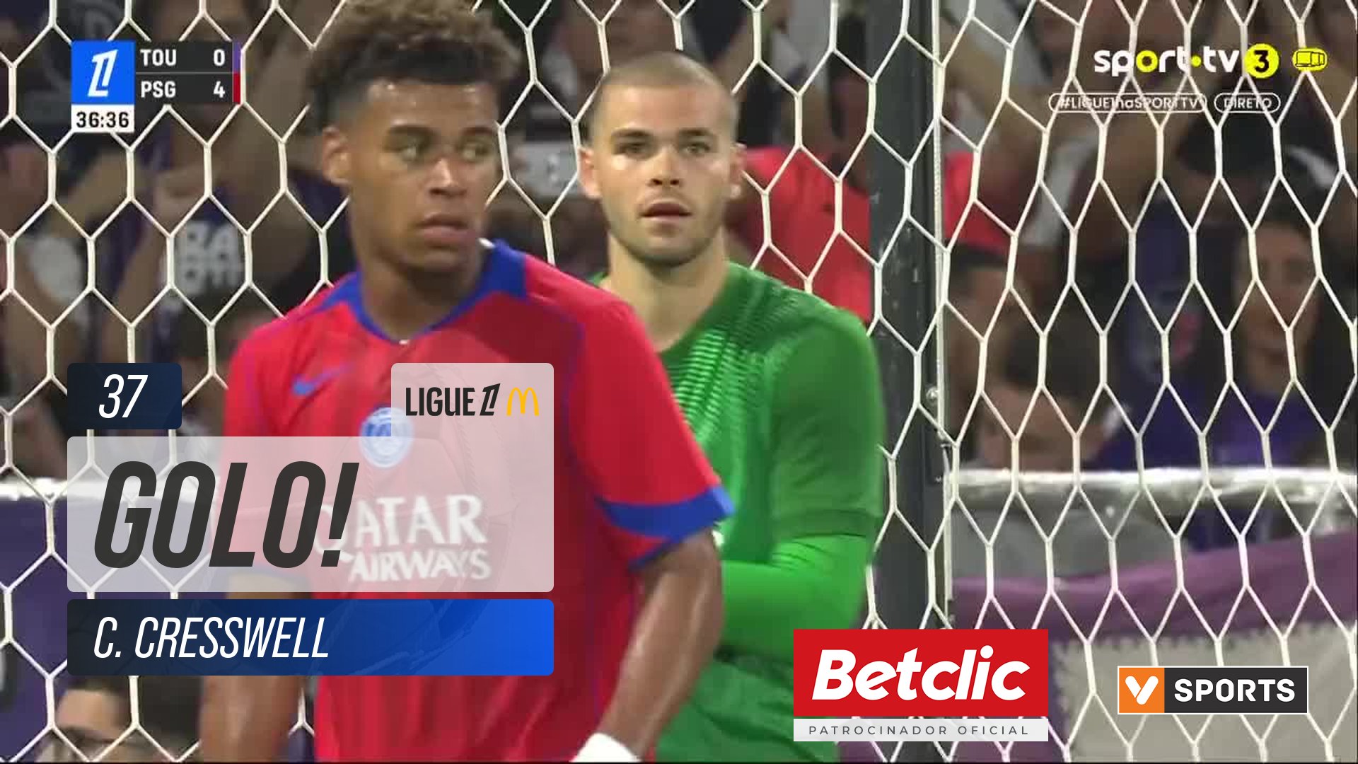 GOLO! Toulouse, C. Cresswell aos 37', Toulouse 1-4 PSG