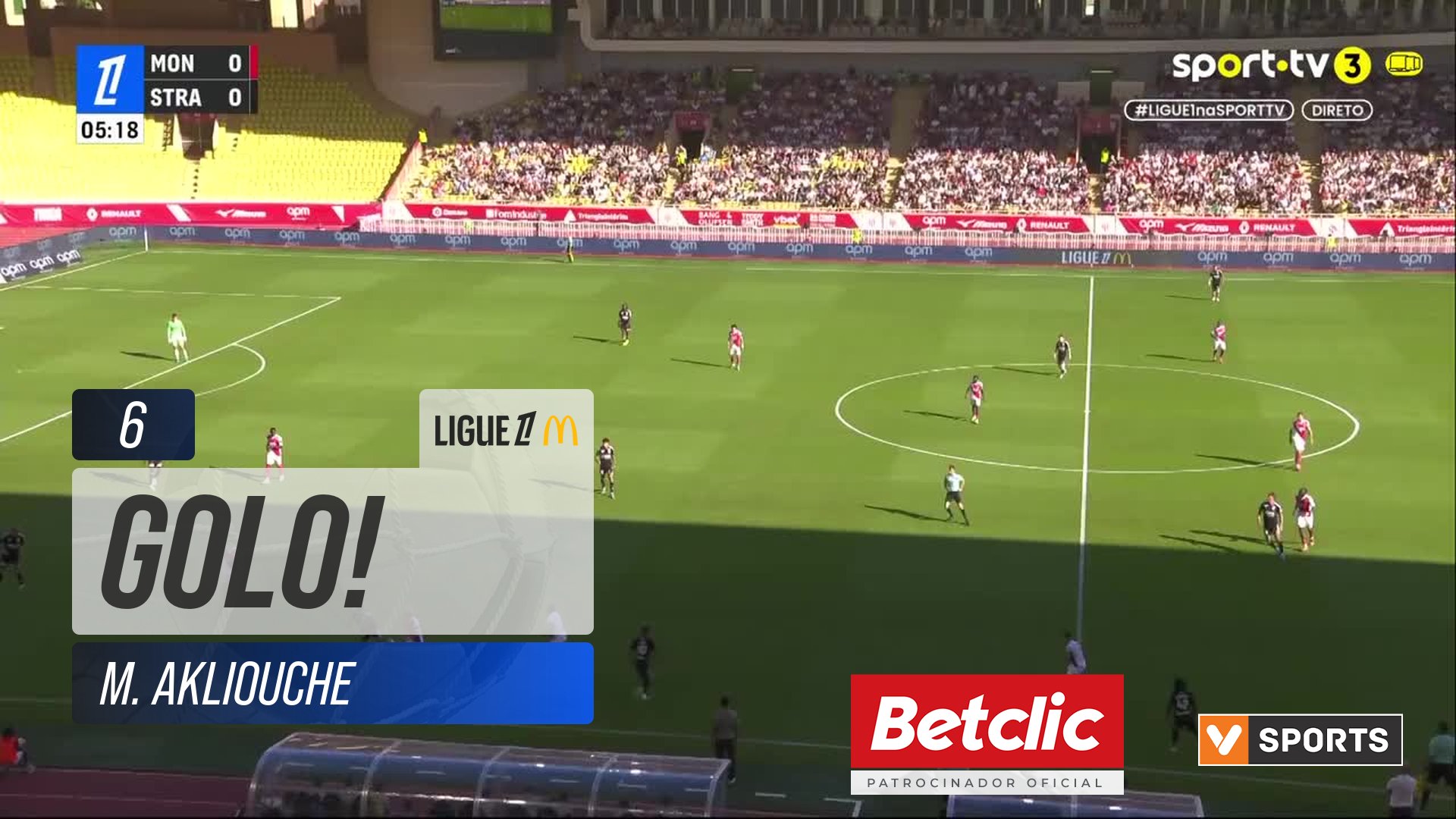 GOLO! Monaco, M. Akliouche aos 6', Monaco 1-0 Strasbourg