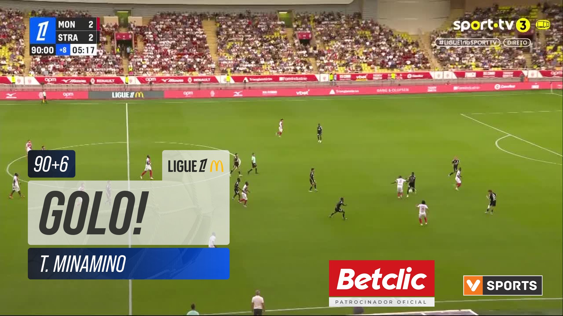 GOLO! Monaco, T. Minamino aos 90'+6', Monaco 3-2 Strasbourg