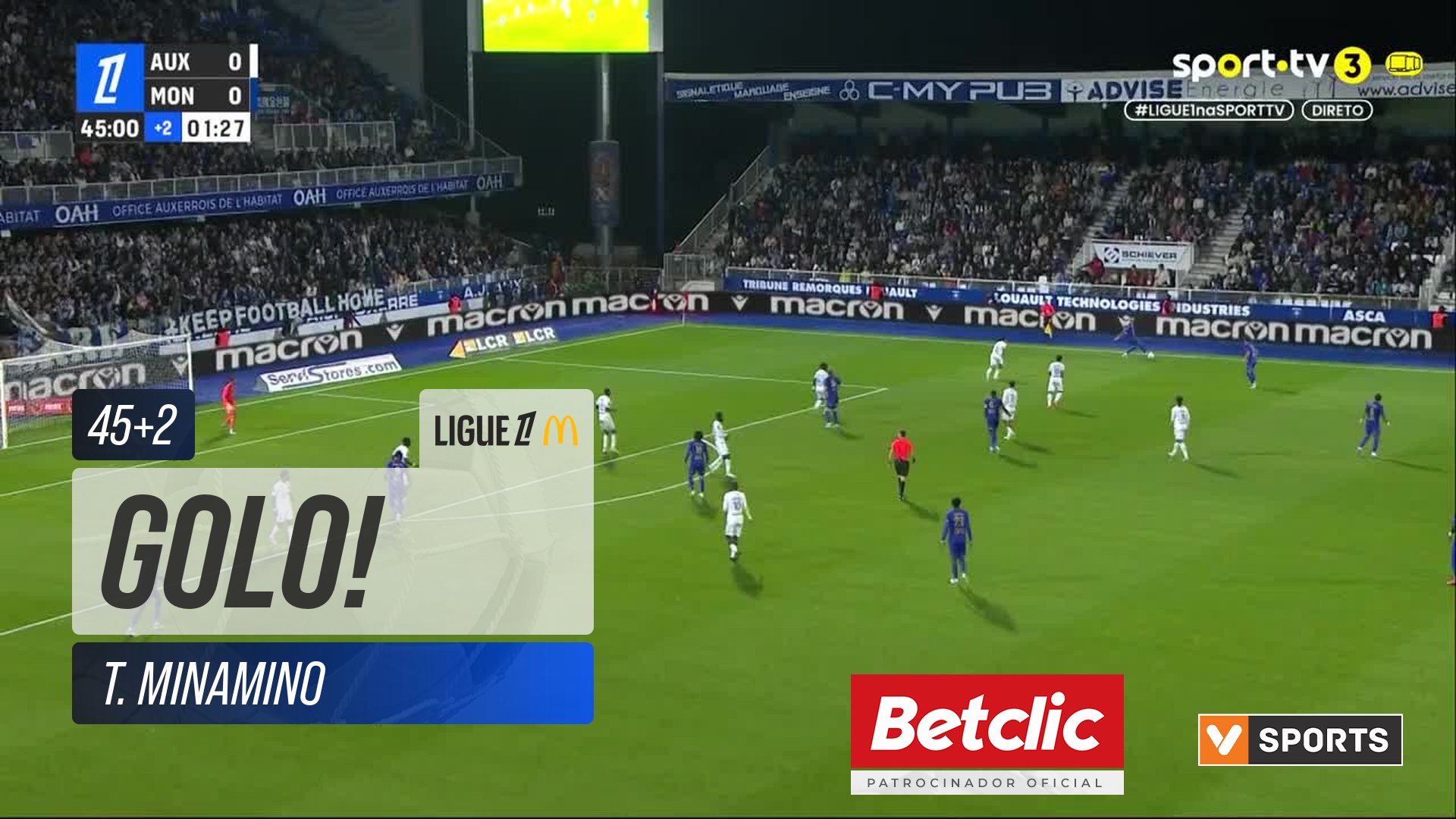 GOLO! Monaco, T. Minamino aos 45'+2', Auxerre 0-1 Monaco