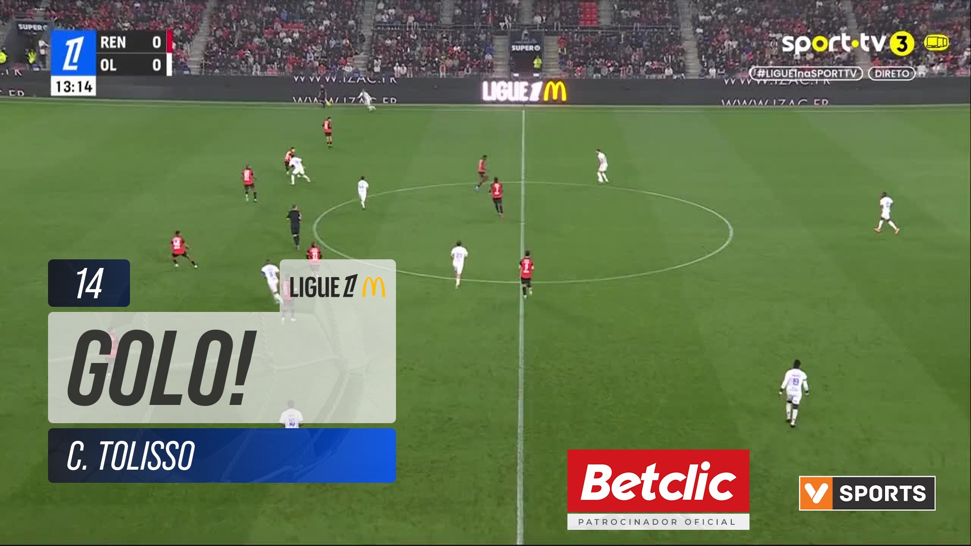 GOLO! Lyon, C. Tolisso aos 14', Rennes 0-1 Lyon