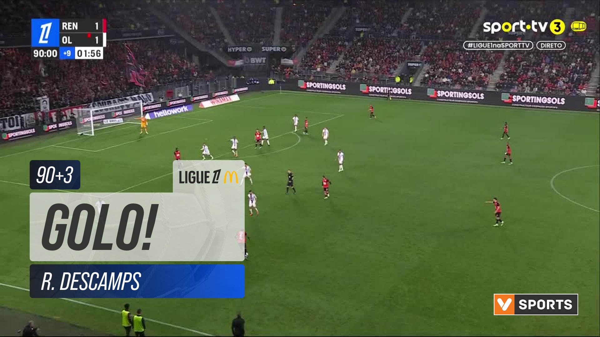 GOLO! Rennes, R. Descamps (p.b.) aos 90'+3', Rennes 2-1 Lyon