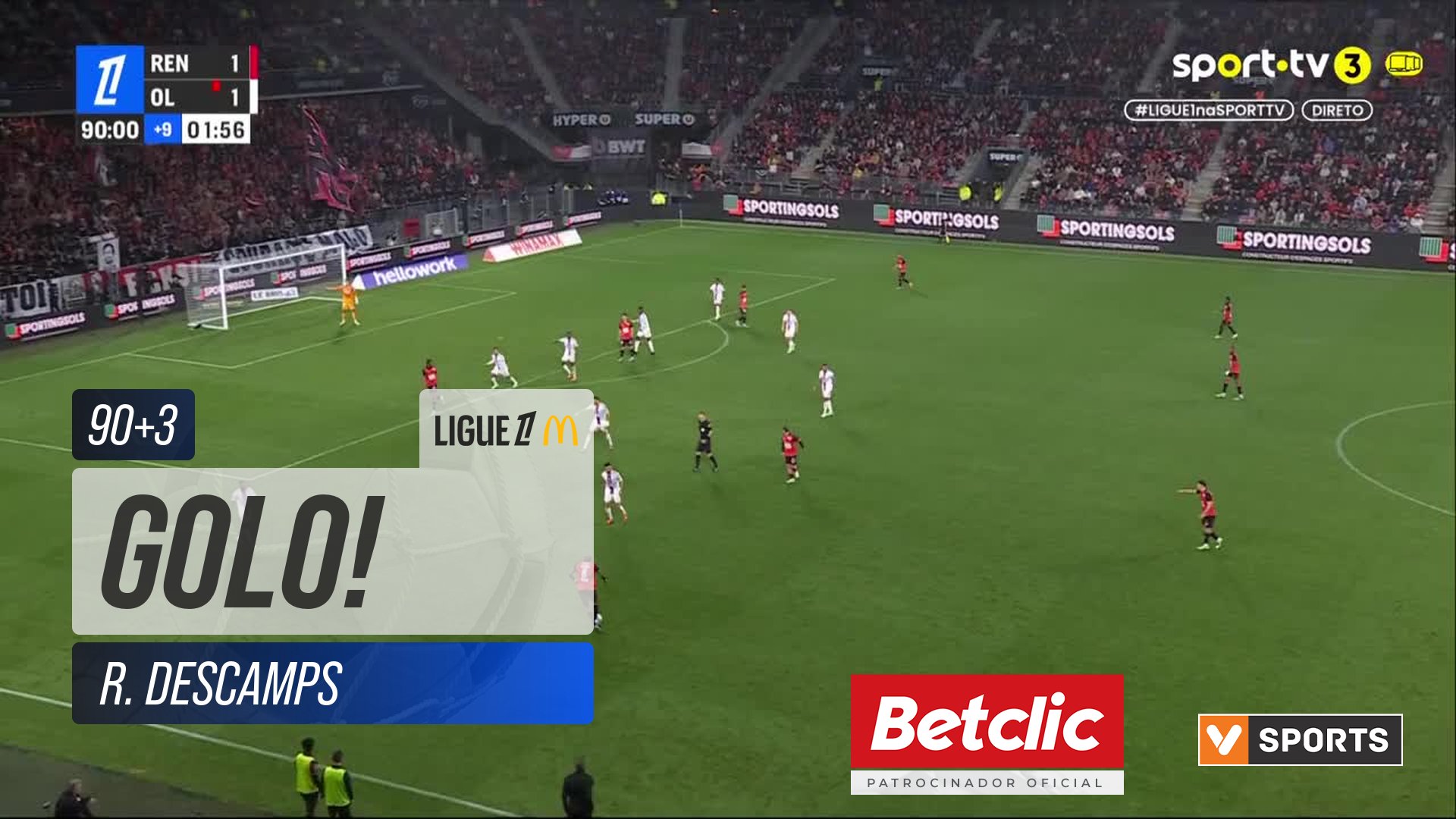 GOLO! Rennes, R. Descamps (p.b.) aos 90'+3', Rennes 2-1 Lyon