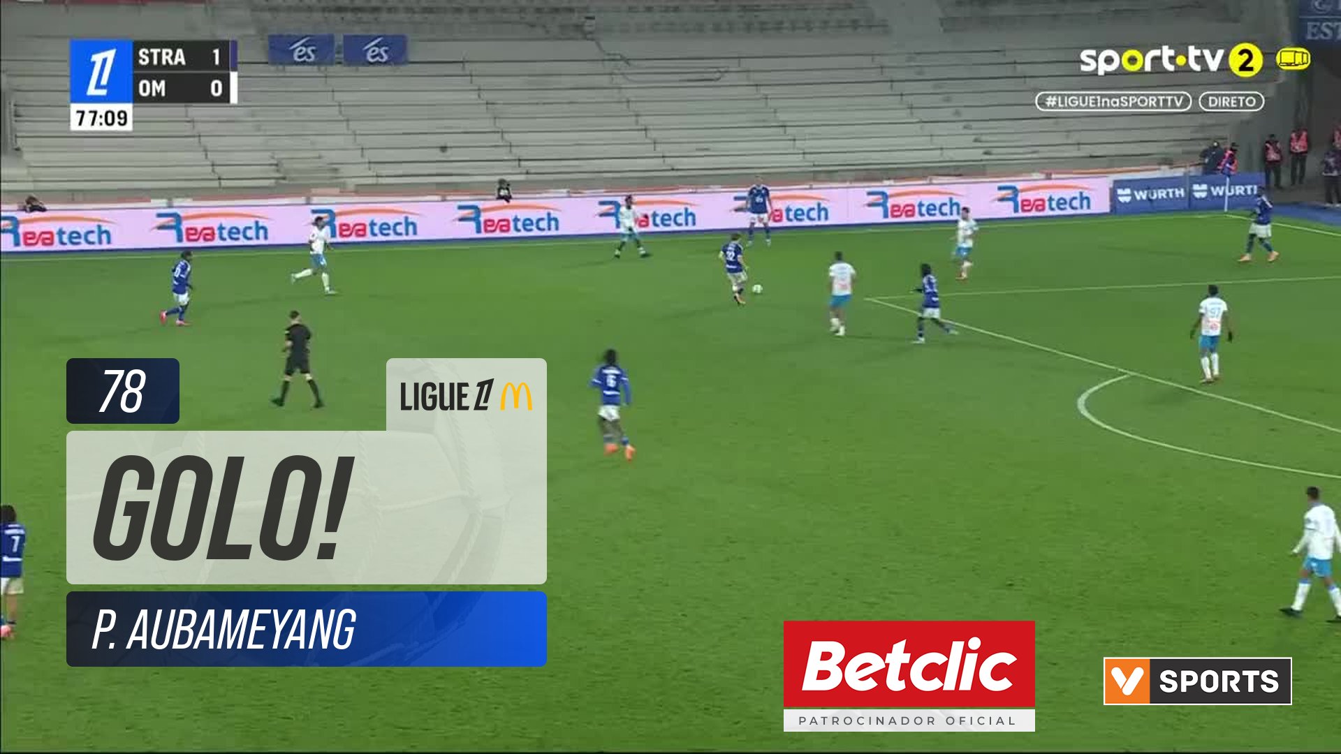 GOLO! Marselha, P. Aubameyang aos 78', Strasbourg 1-1 Marselha