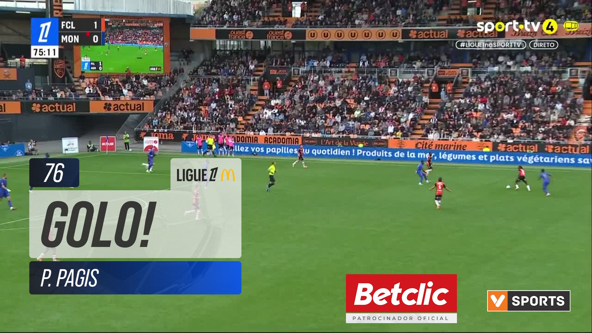 GOLO! Lorient, P. Pagis aos 76', Lorient 2-0 Monaco