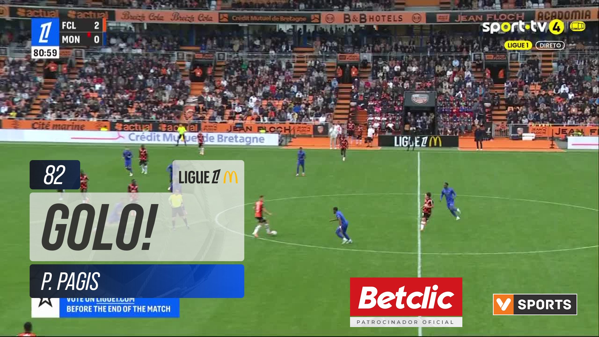 GOLO! Lorient, P. Pagis aos 82', Lorient 3-0 Monaco