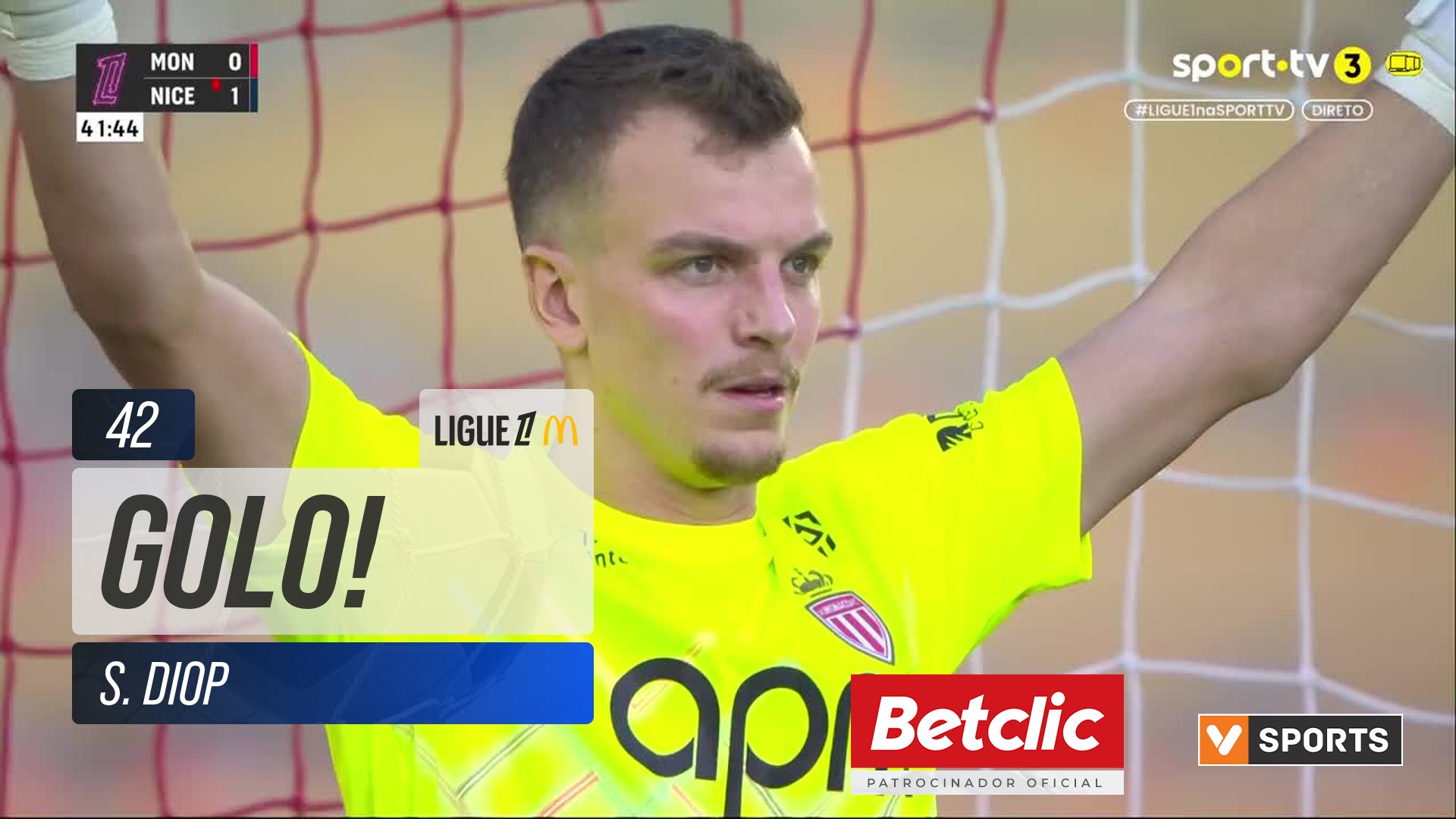 GOLO! Nice, S. Diop aos 42', Monaco 0-2 Nice