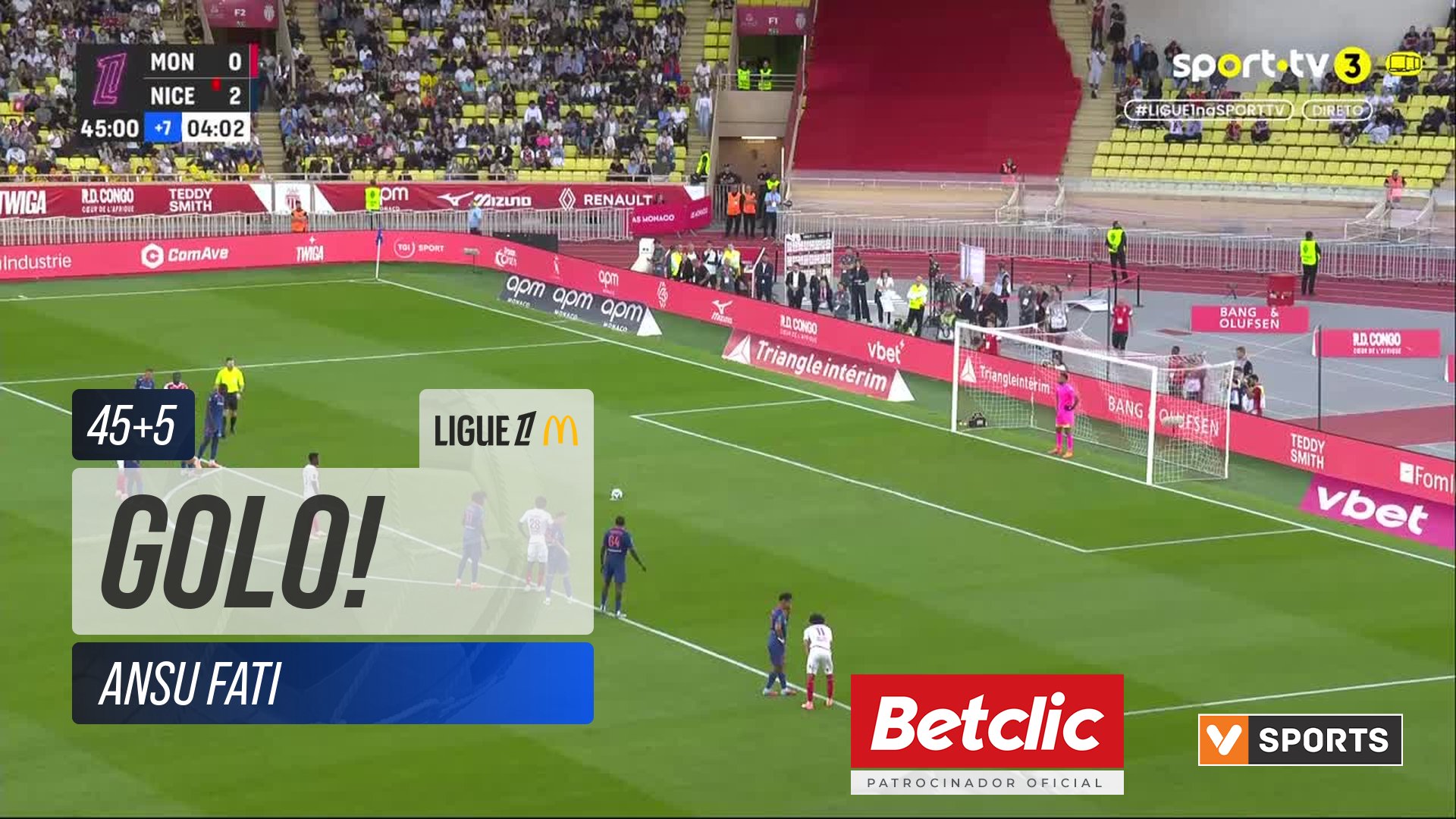GOLO! Monaco, Ansu Fati aos 45'+5', Monaco 1-2 Nice