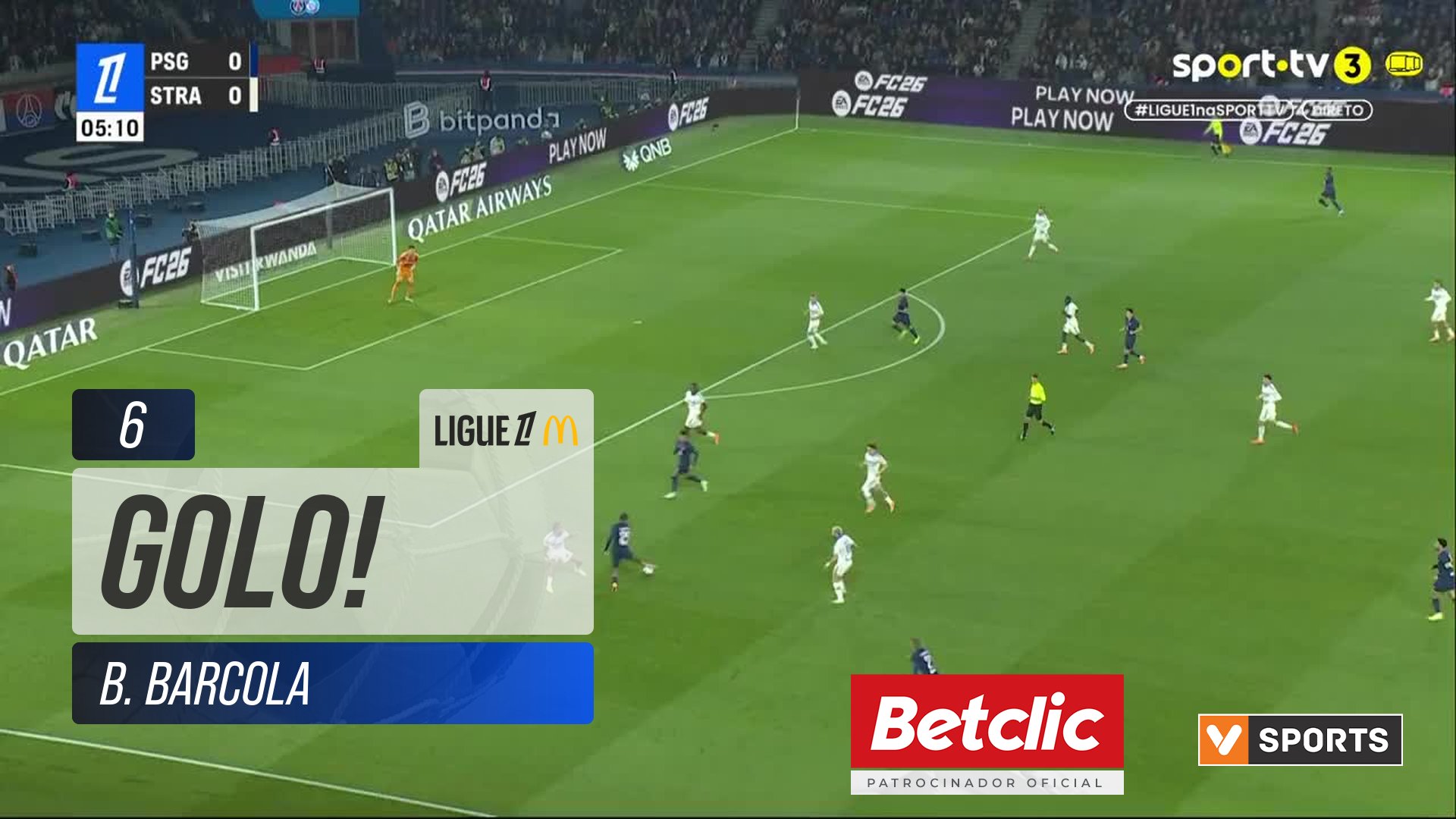 GOLO! PSG, B. Barcola aos 6', PSG 1-0 Strasbourg