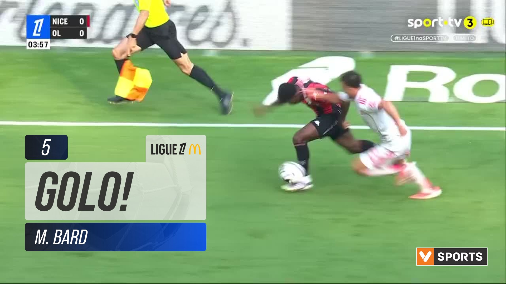 GOLO! Nice, M. Bard aos 5', Nice 1-0 Lyon