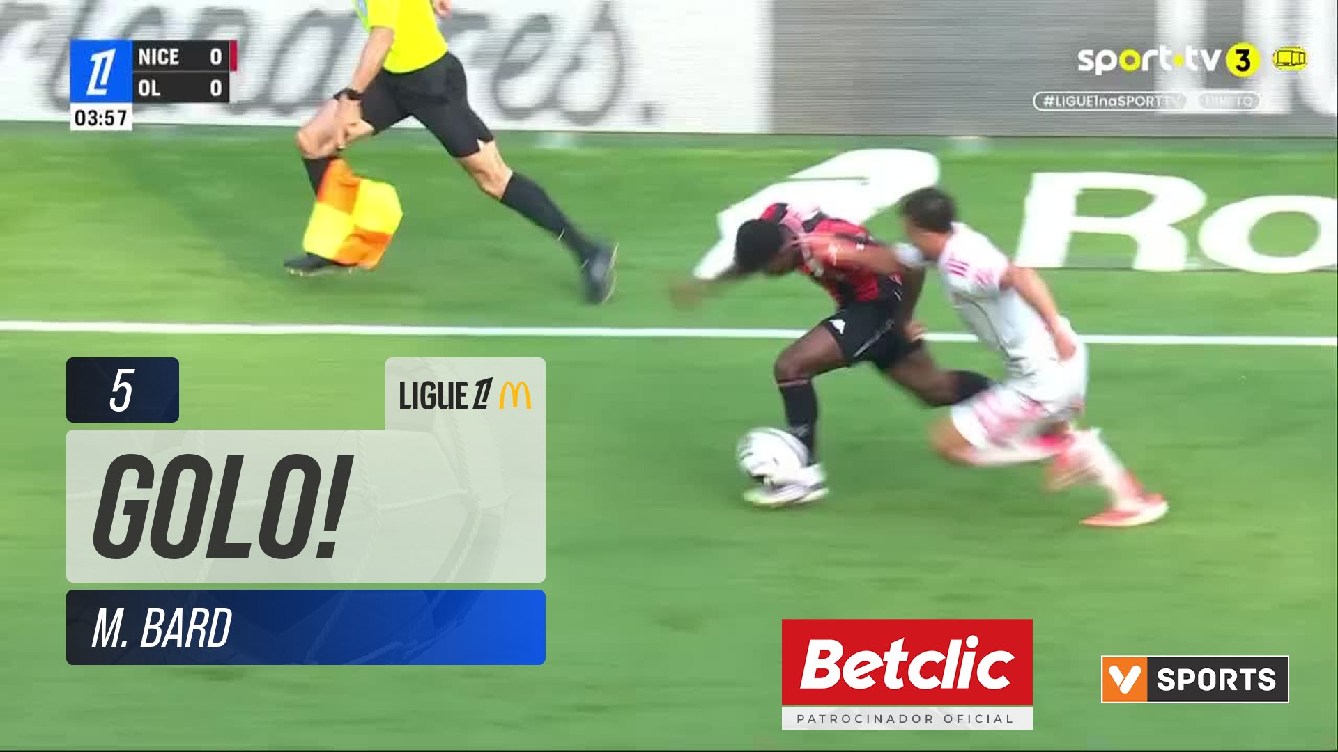 GOLO! Nice, M. Bard aos 5', Nice 1-0 Lyon