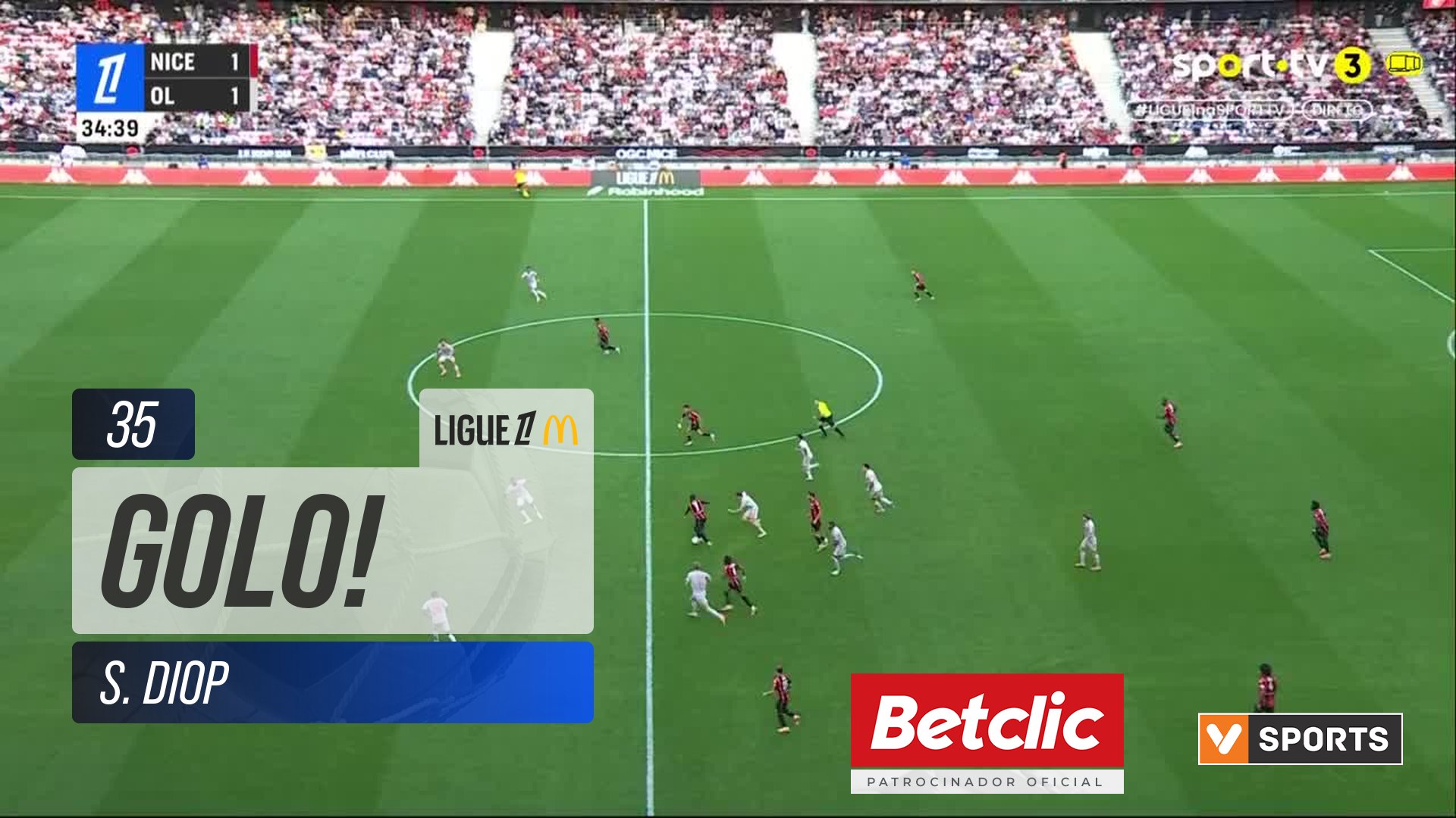 GOLO! Nice, S. Diop aos 35', Nice 2-1 Lyon
