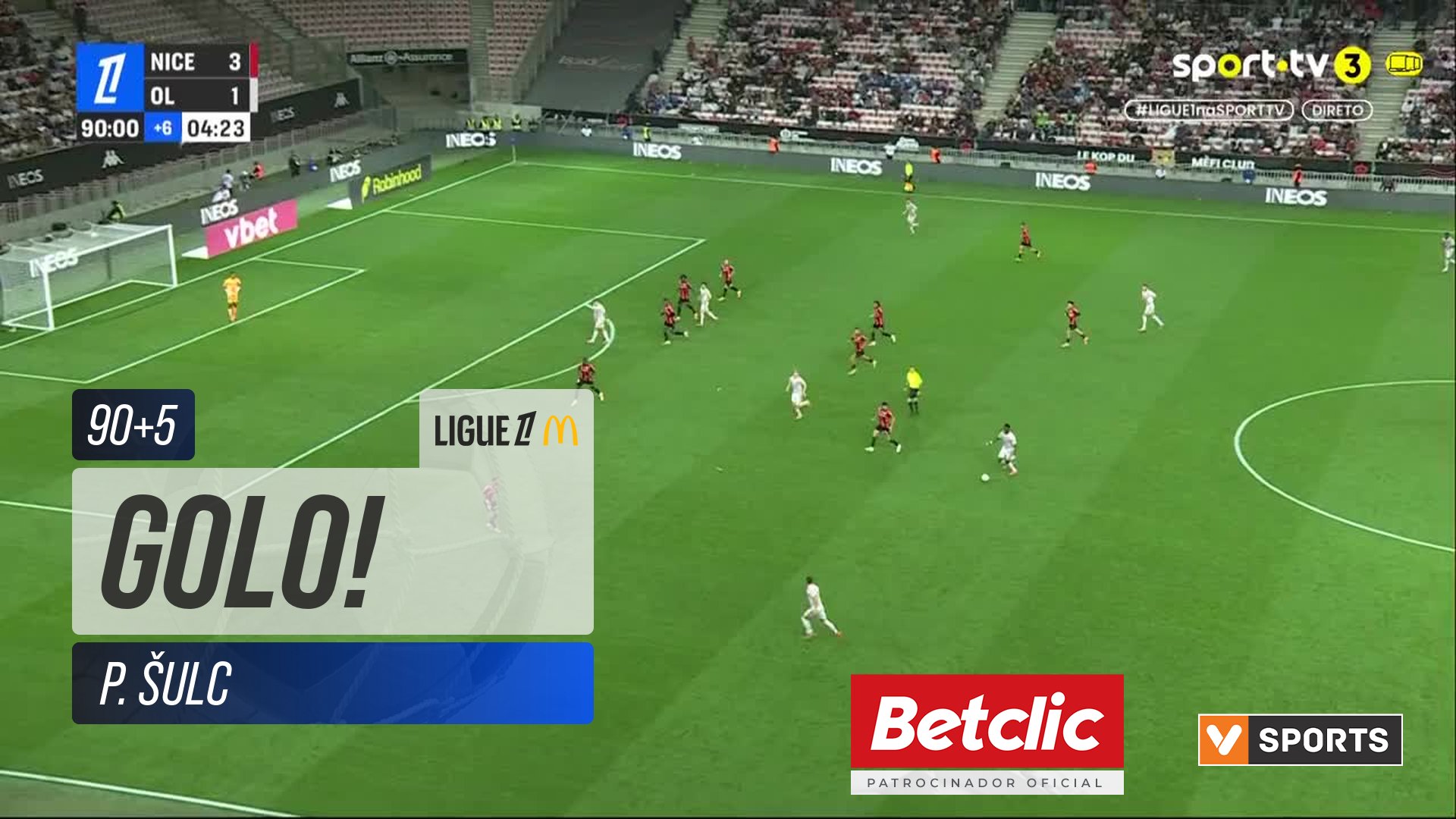 GOLO! Lyon, P. Šulc aos 90'+5', Nice 3-2 Lyon