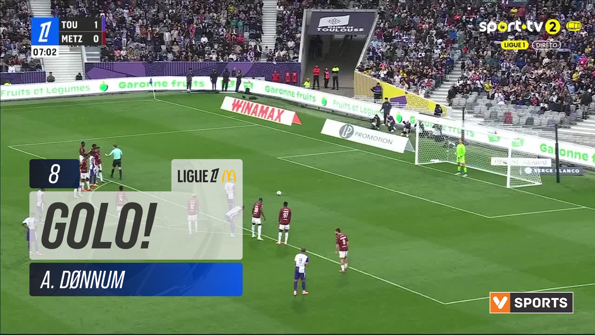 GOLO! Toulouse, A. Dønnum aos 8', Toulouse 2-0 Metz
