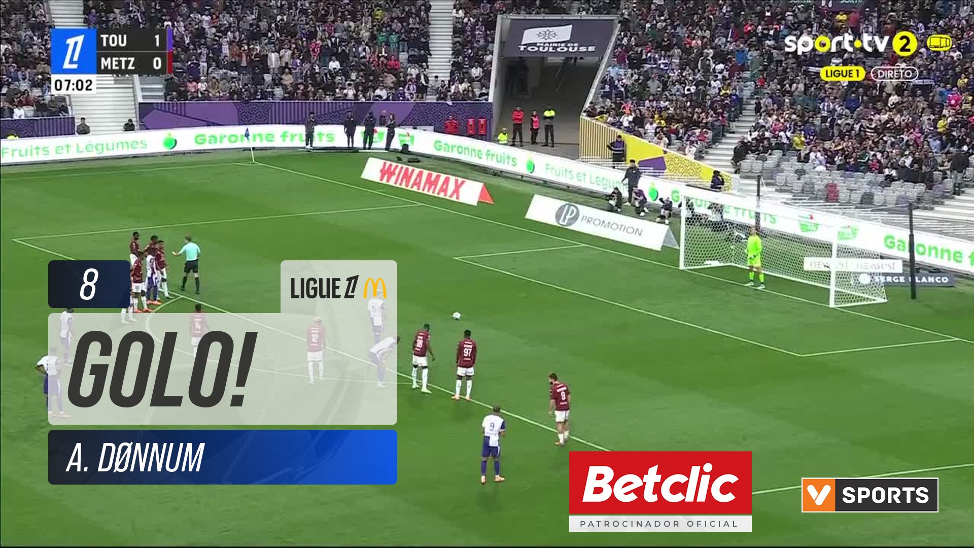 GOLO! Toulouse, A. Dønnum aos 8', Toulouse 2-0 Metz