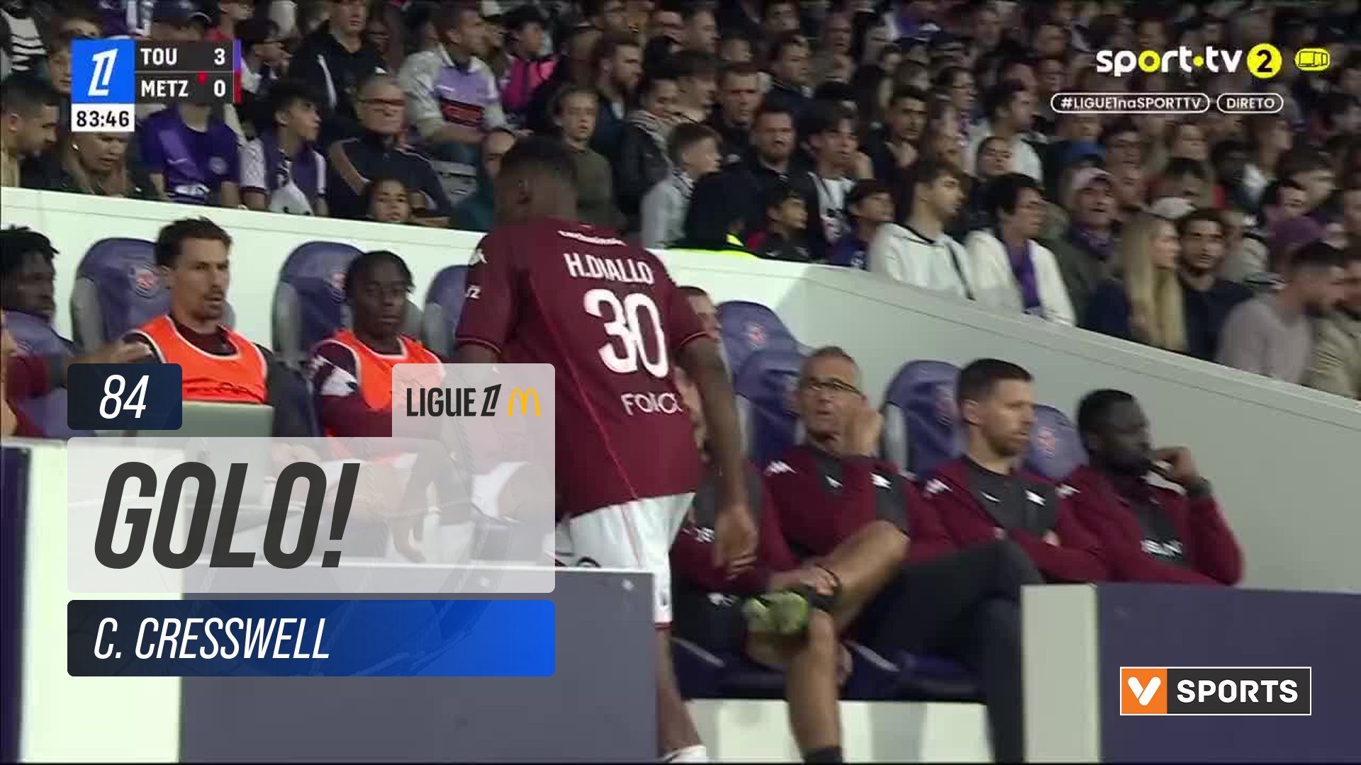 GOLO! Toulouse, C. Cresswell aos 84', Toulouse 4-0 Metz