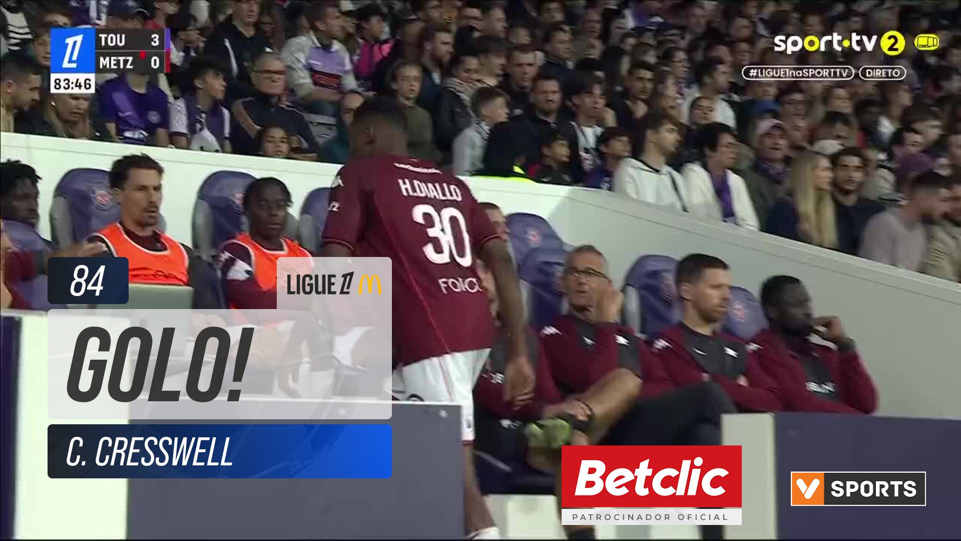 GOLO! Toulouse, C. Cresswell aos 84', Toulouse 4-0 Metz