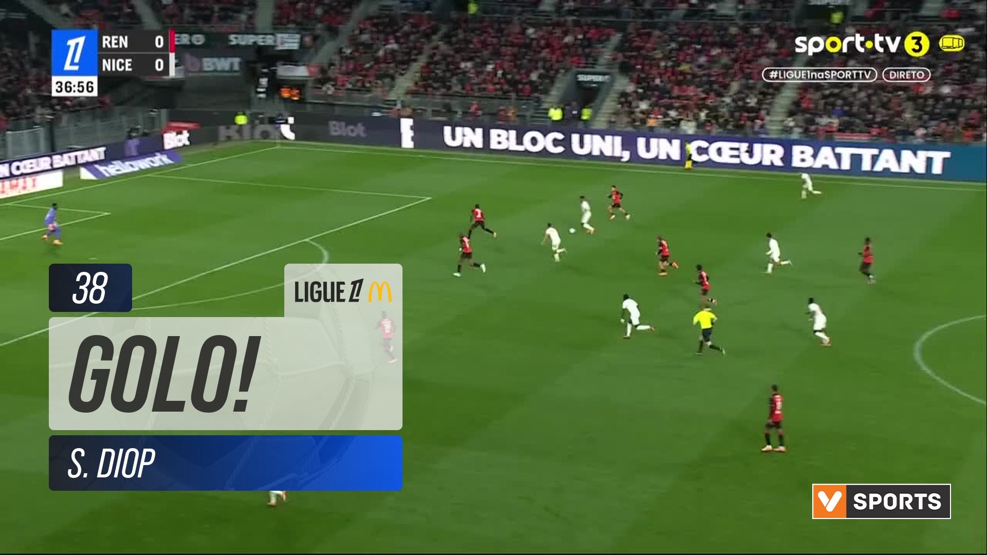 GOLO! Nice, S. Diop aos 38', Rennes 0-1 Nice