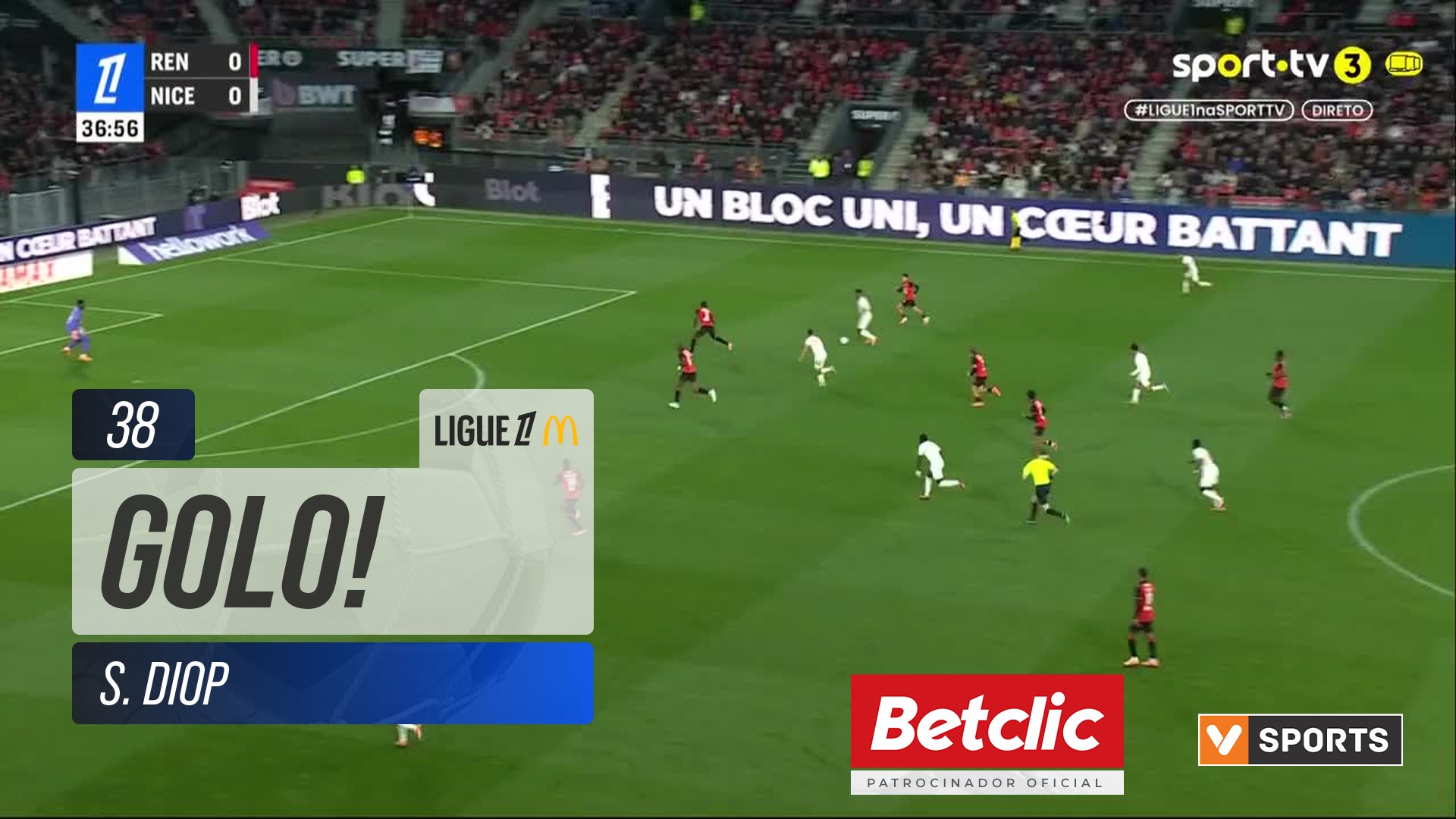 GOLO! Nice, S. Diop aos 38', Rennes 0-1 Nice