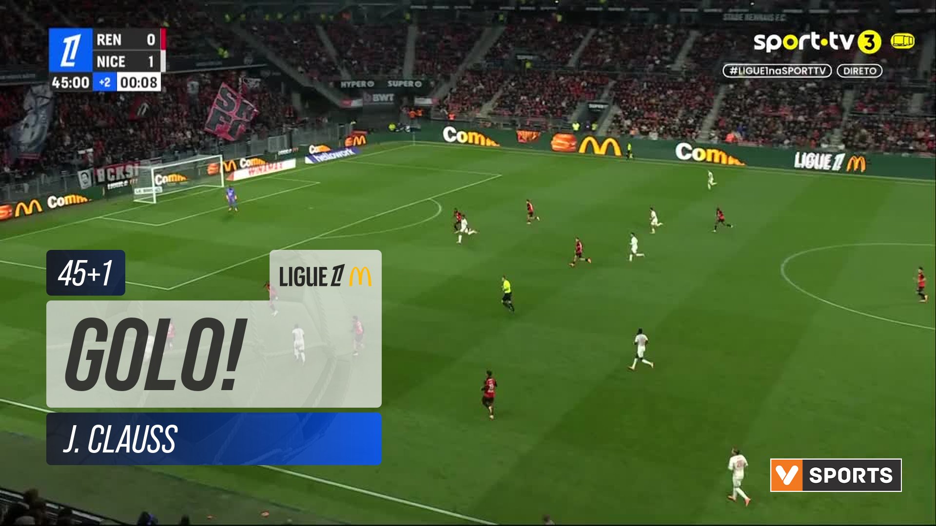 GOLO! Nice, J. Clauss aos 45'+1', Rennes 0-2 Nice