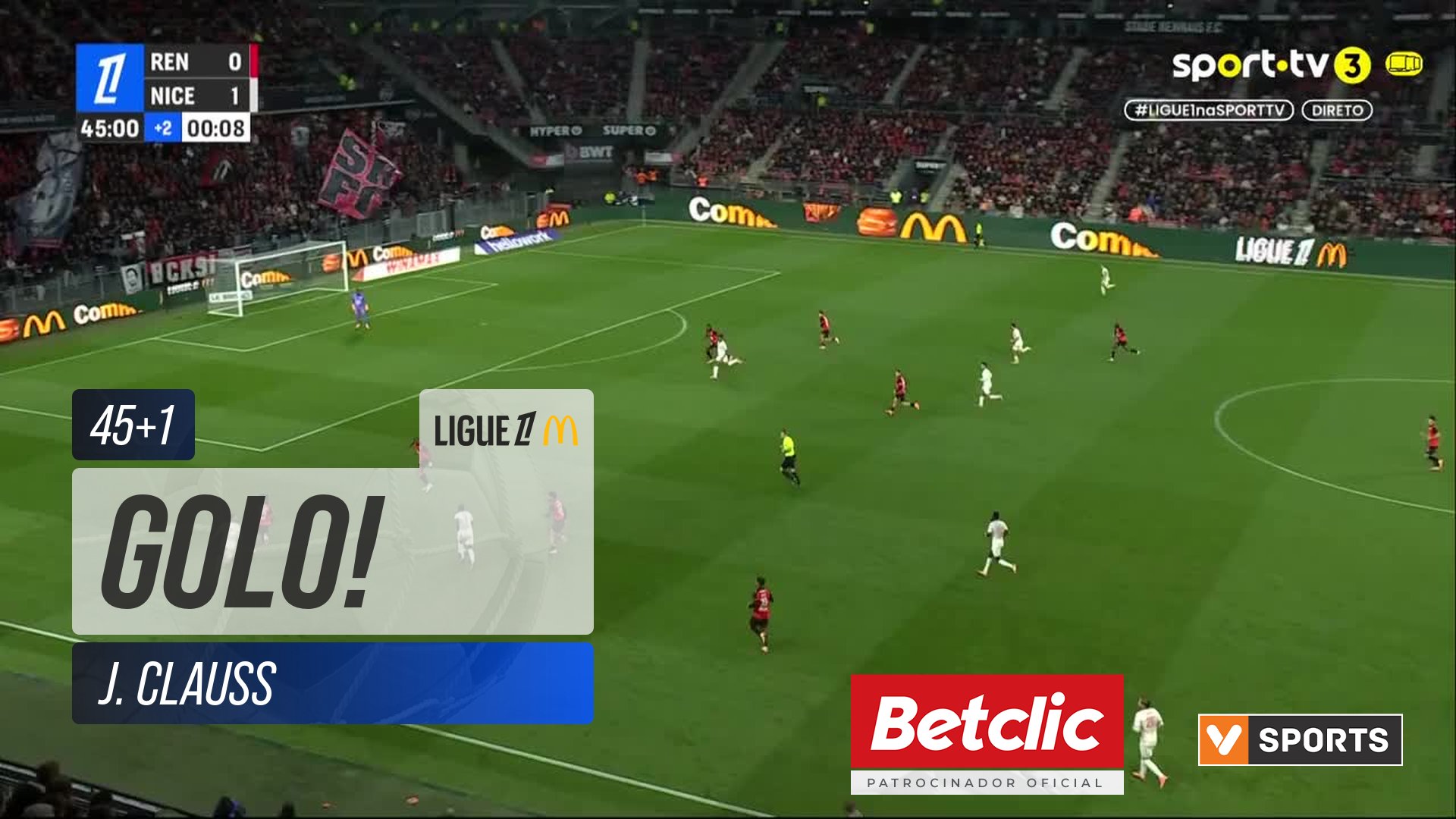 GOLO! Nice, J. Clauss aos 45'+1', Rennes 0-2 Nice