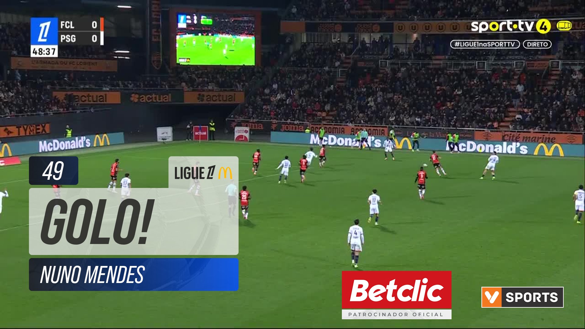 GOLO! PSG, Nuno Mendes aos 49', Lorient 0-1 PSG