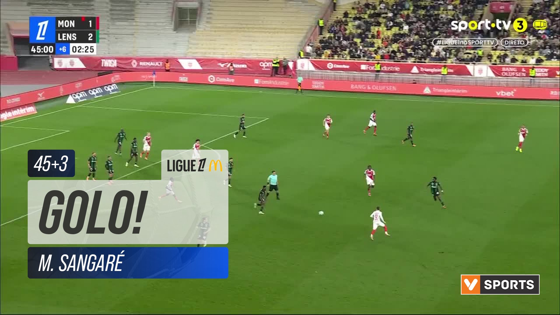 GOLO! Lens, M. Sangaré aos 45'+3', Monaco 1-3 Lens