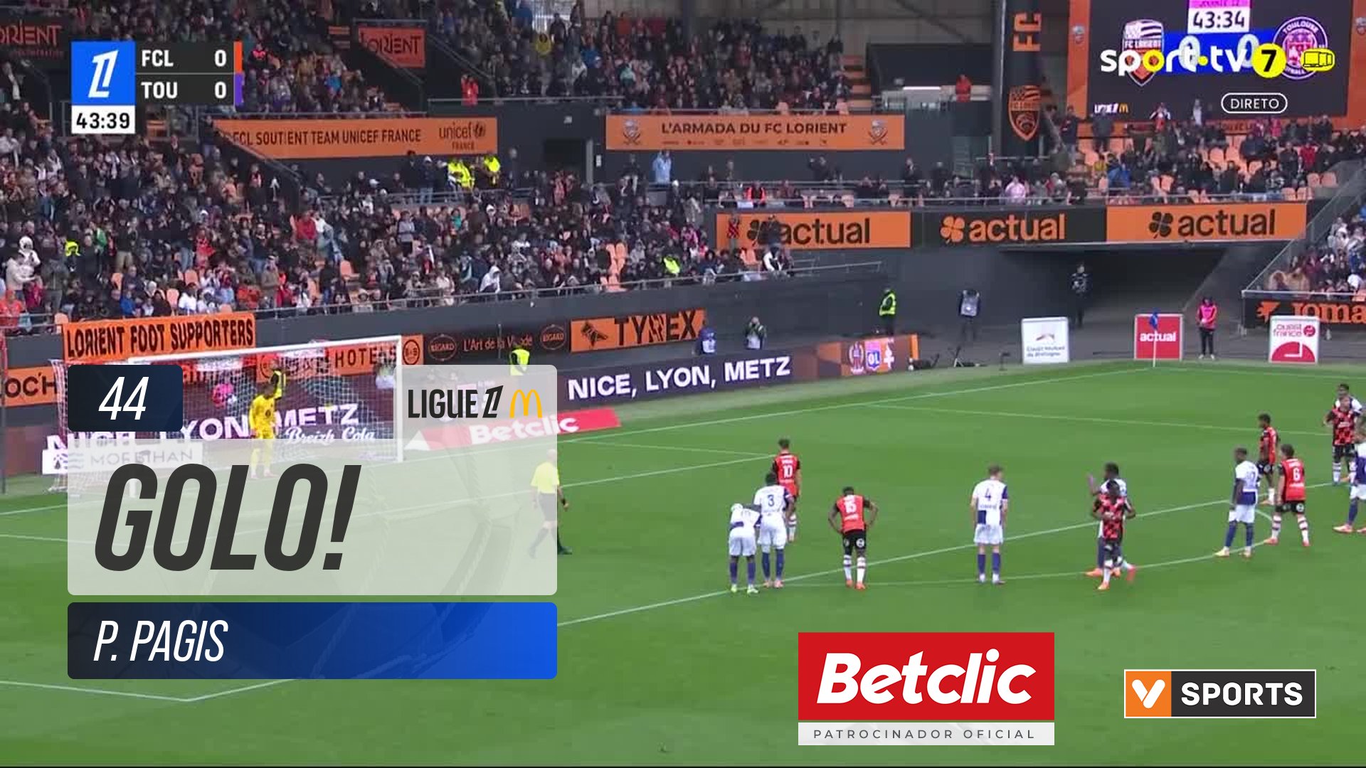 GOLO! Lorient, P. Pagis aos 44', Lorient 1-0 Toulouse