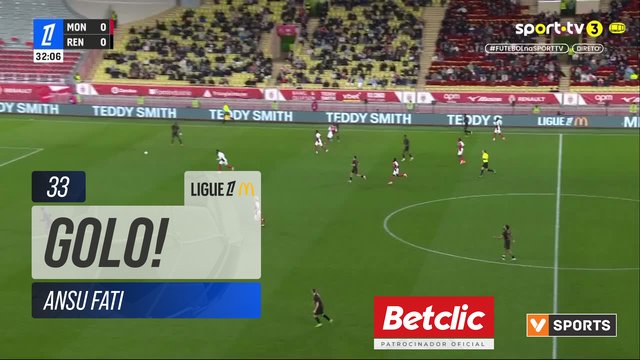 GOLO! Monaco, Ansu Fati aos 33', Monaco 1-0 Rennes