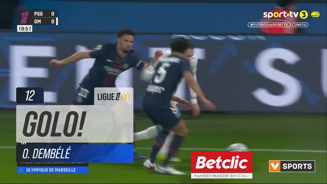 GOLO! PSG, O. Dembélé aos 12', PSG 1-0 Marselha