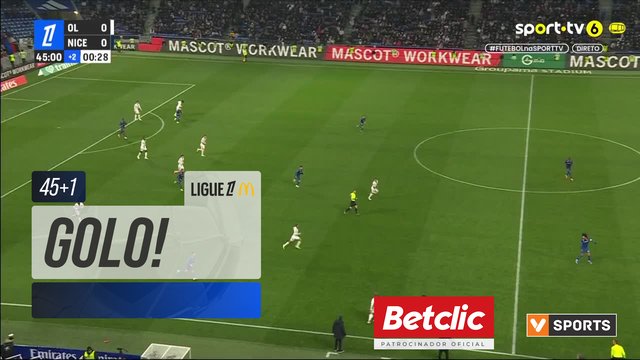 GOLO! Lyon aos 45'+1', Lyon 1-0 Nice