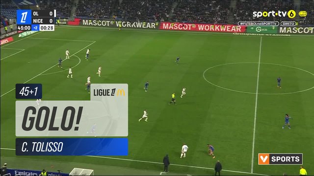 GOLO! Lyon, C. Tolisso aos 45'+1', Lyon 1-0 Nice