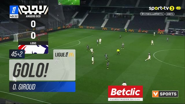 GOLO! Lille, O. Giroud aos 45'+2', Angers 0-1 Lille