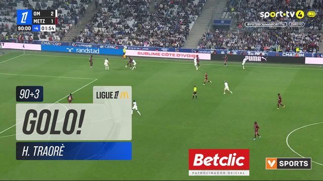 GOLO! Marselha, H. Traorè aos 90'+3', Marselha 3-1 Metz