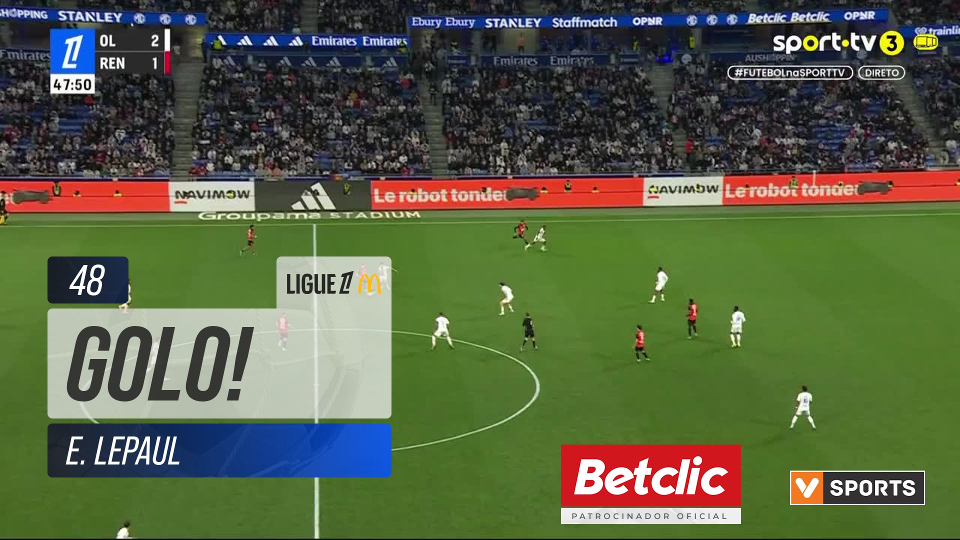 GOLO! Rennes, E. Lepaul aos 48', Lyon 2-2 Rennes