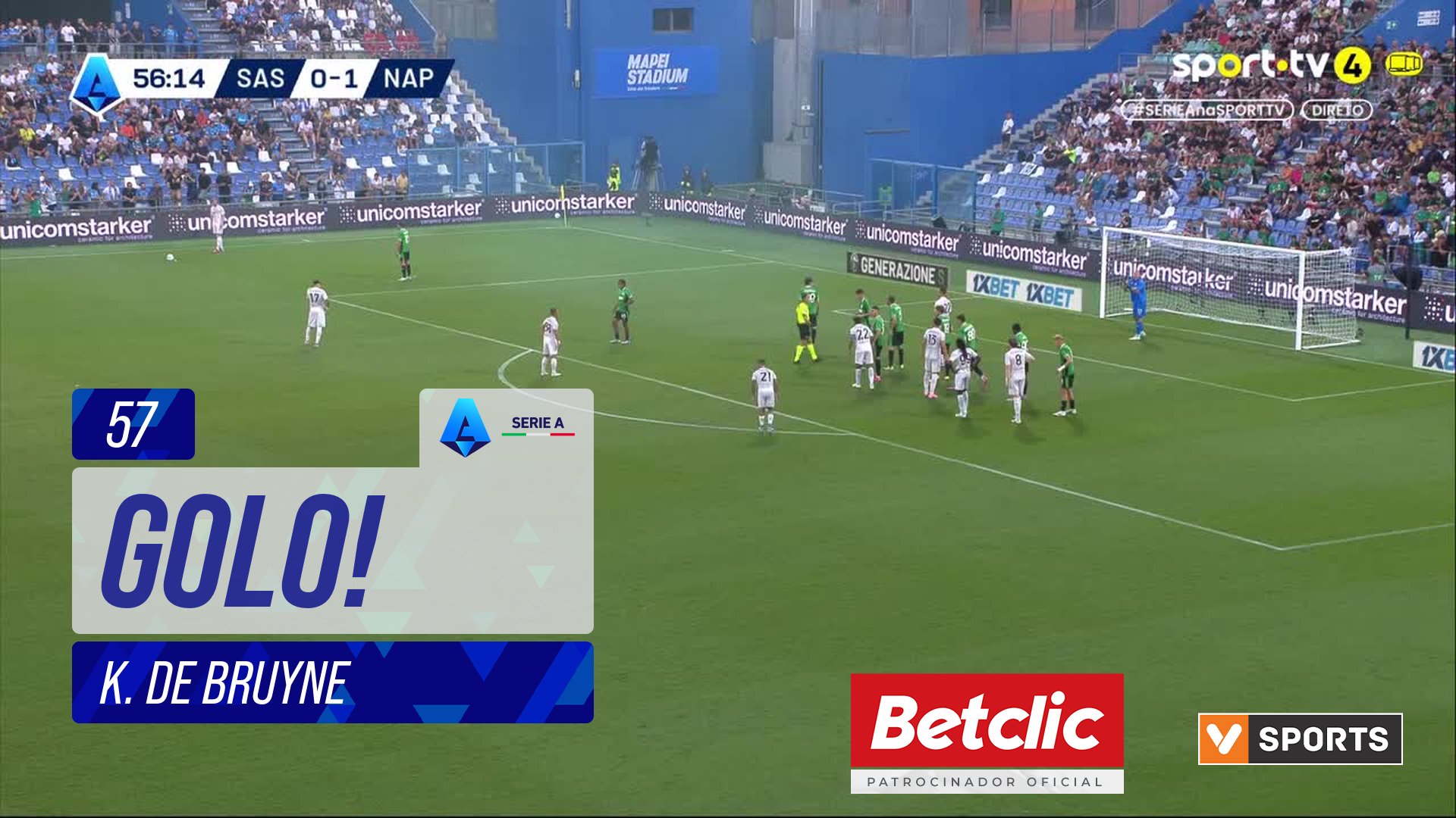 GOLO! Napoli, K. De Bruyne aos 57', Sassuolo 0-2 Napoli