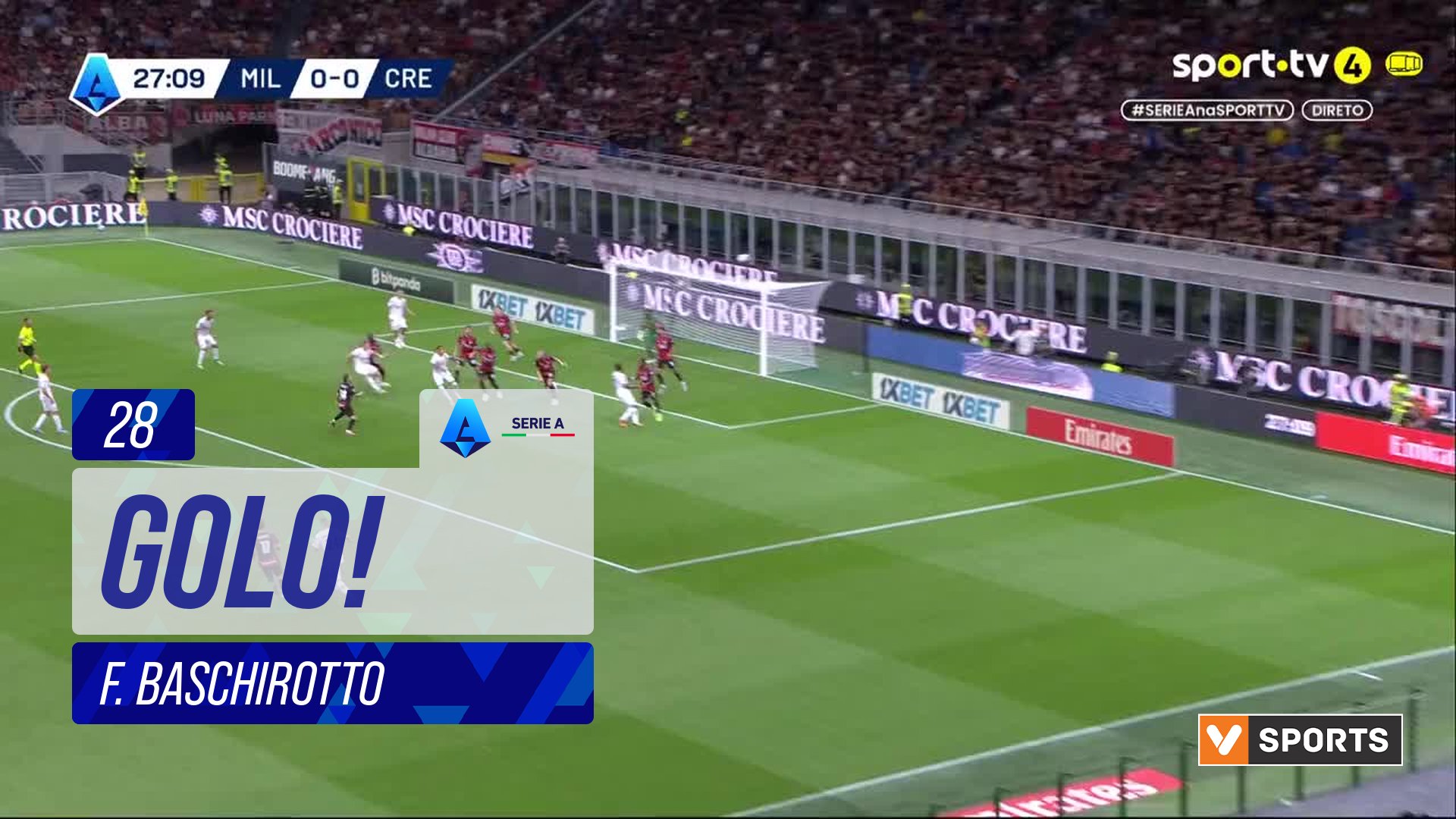 GOLO! Cremonese, F. Baschirotto aos 28', Milan 0-1 Cremonese