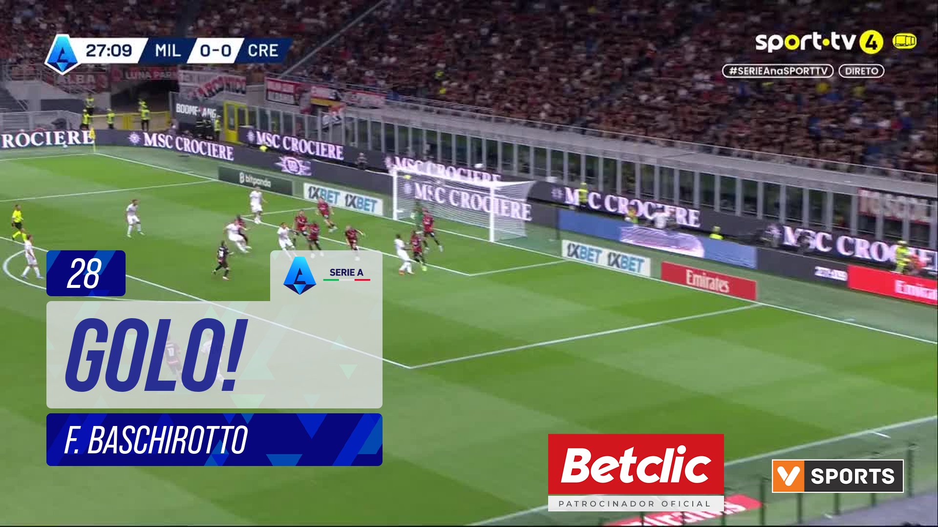 GOLO! Cremonese, F. Baschirotto aos 28', Milan 0-1 Cremonese