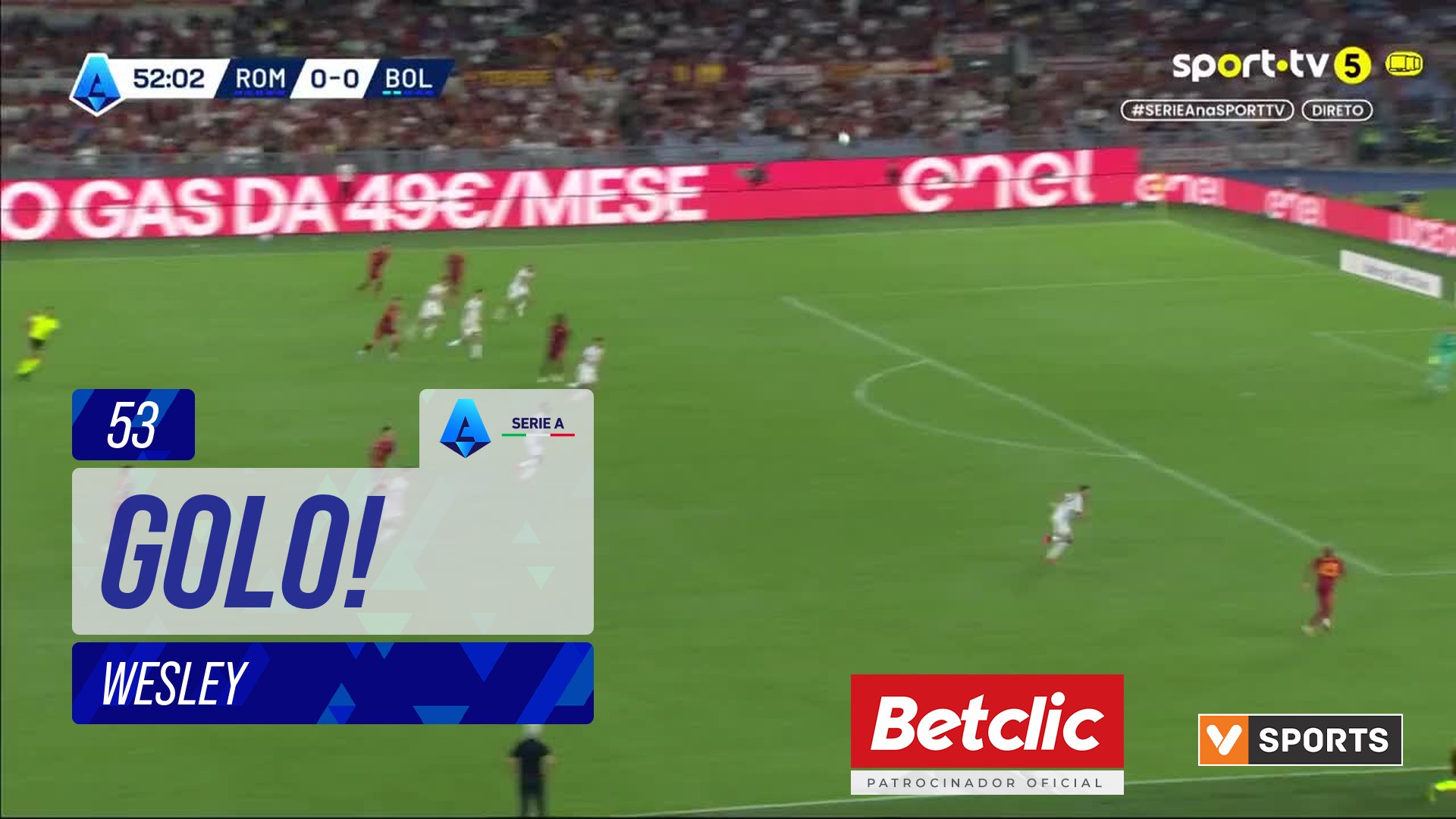 GOLO! Roma, Wesley aos 53', Roma 1-0 Bologna